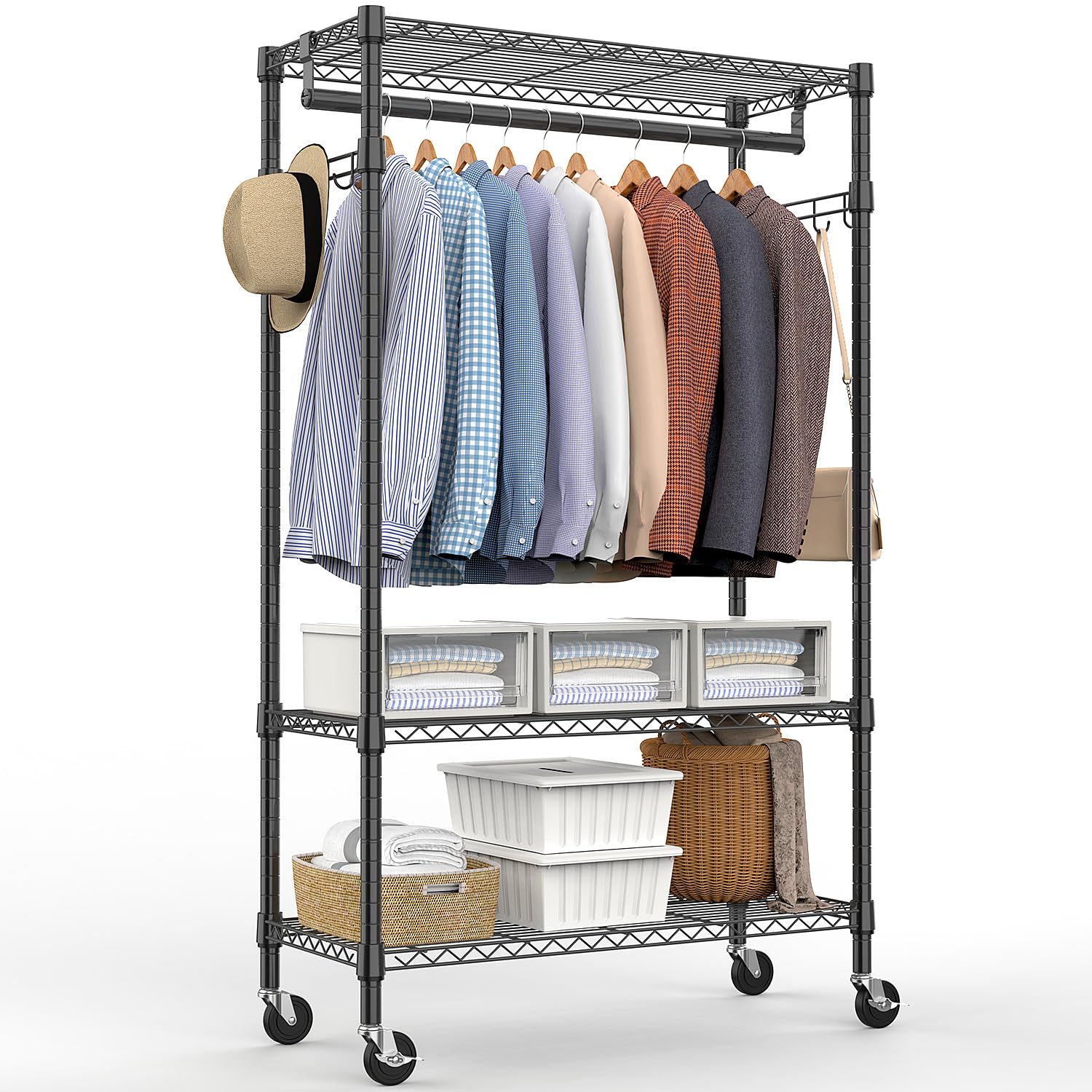 MZG Heavy Duty Rolling Garment Rack - 3 Tier Adjustable Wire Shelving Clothes Rack with Hanging Rod & Side Hooks, Mobile Storage Closet Organizer with Wheels (Black, 15.7