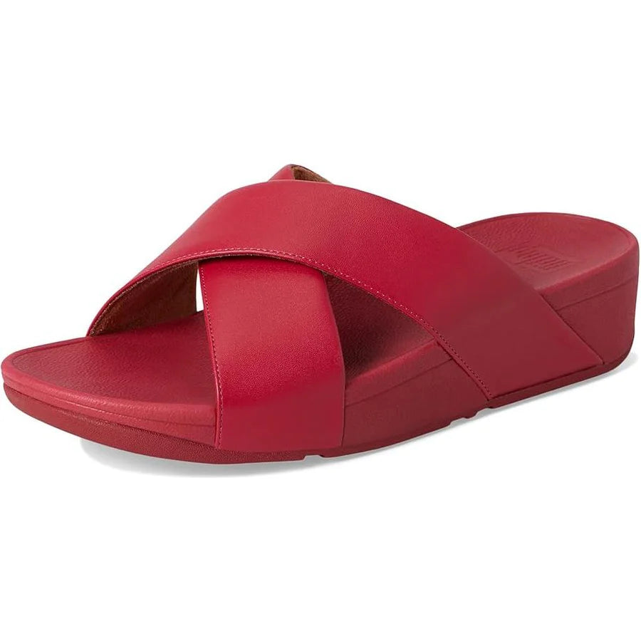 FitFlop Lulu Leather Cross Slide Sandals for Women - Comfortable Orthopedic Flip Flops with Arch Support | Redberry Color | Perfect for Beach, Pool, and Summer Vacation Outfits
