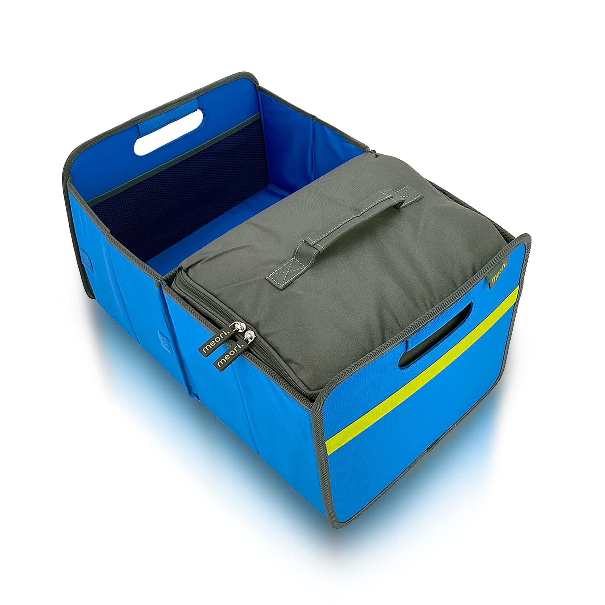 Meori Collapsible Car Trunk Organizer with Cooler Compartment - 2-Section Heavy Duty Storage for Groceries, Road Trips & Camping | Ripstop Mesh Pocket for Sports Gear & Beach Essentials