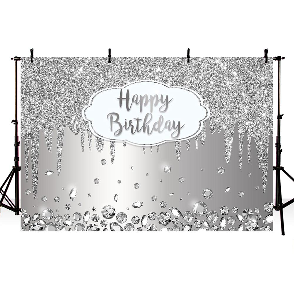 8x6ft Happy Birthday Backdrop - Dripping Glitter Crystal Diamond Silver Photo Background for Girls & Women | Bday Party Decorations, Cake Table Banner, Wall Decor Props | Perfect for Birthday Parties, Baby Showers & Photo Booths