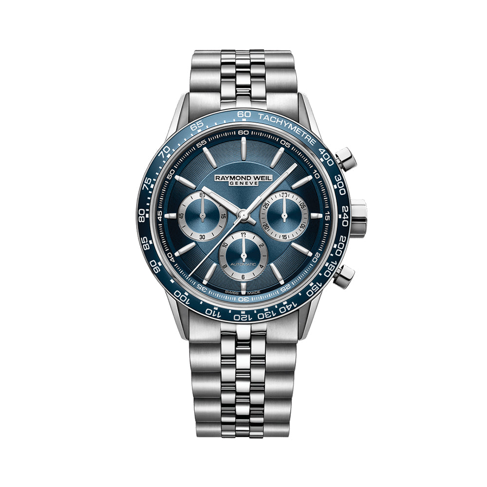 Freelancer Automatic Chronograph Watch - 43.5mm Ceramic Bezel, Blue Dial, Stainless Steel Bracelet - Perfect for Business, Casual & Special Occasions