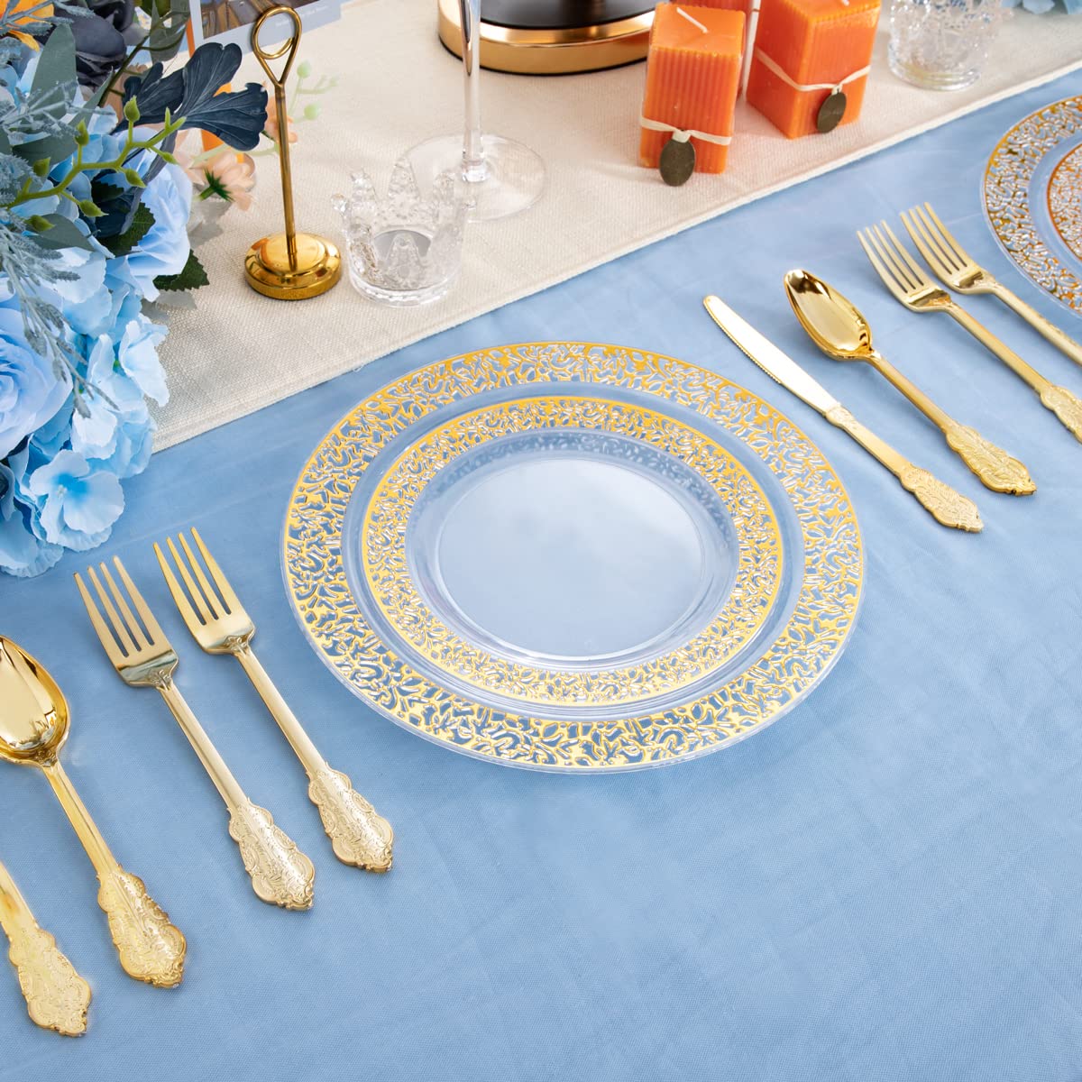 150-Piece Clear Gold Lace Plastic Party Plates Set - 30 Dinner Plates, 30 Dessert Plates & 90 Gold Silverware - Elegant Disposable Tableware for Birthday, Wedding, Anniversary & Holiday Celebrations - Perfect for Indoor/Outdoor Events, Catering & Special Occasions