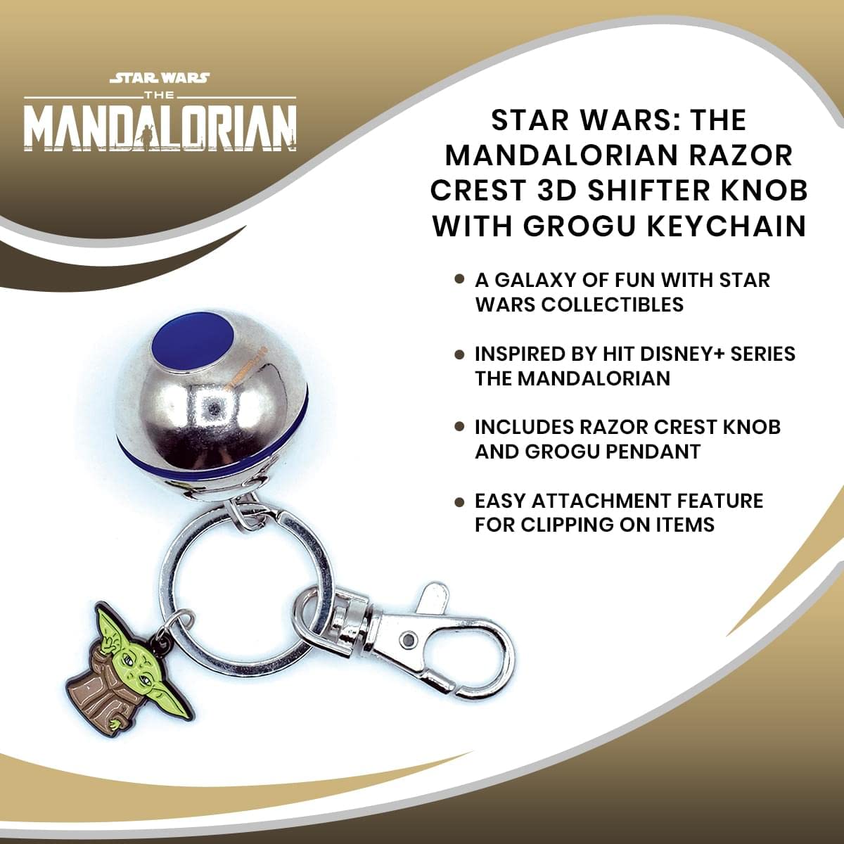 Star Wars The Mandalorian Razor Crest 3D Gear Shift Knob with Grogu Keychain - Premium Car Key Ring Holder Accessory, Durable Carabiner Clip for Backpack Purse & Keys | Perfect Gift for Star Wars Fans & Car Enthusiasts