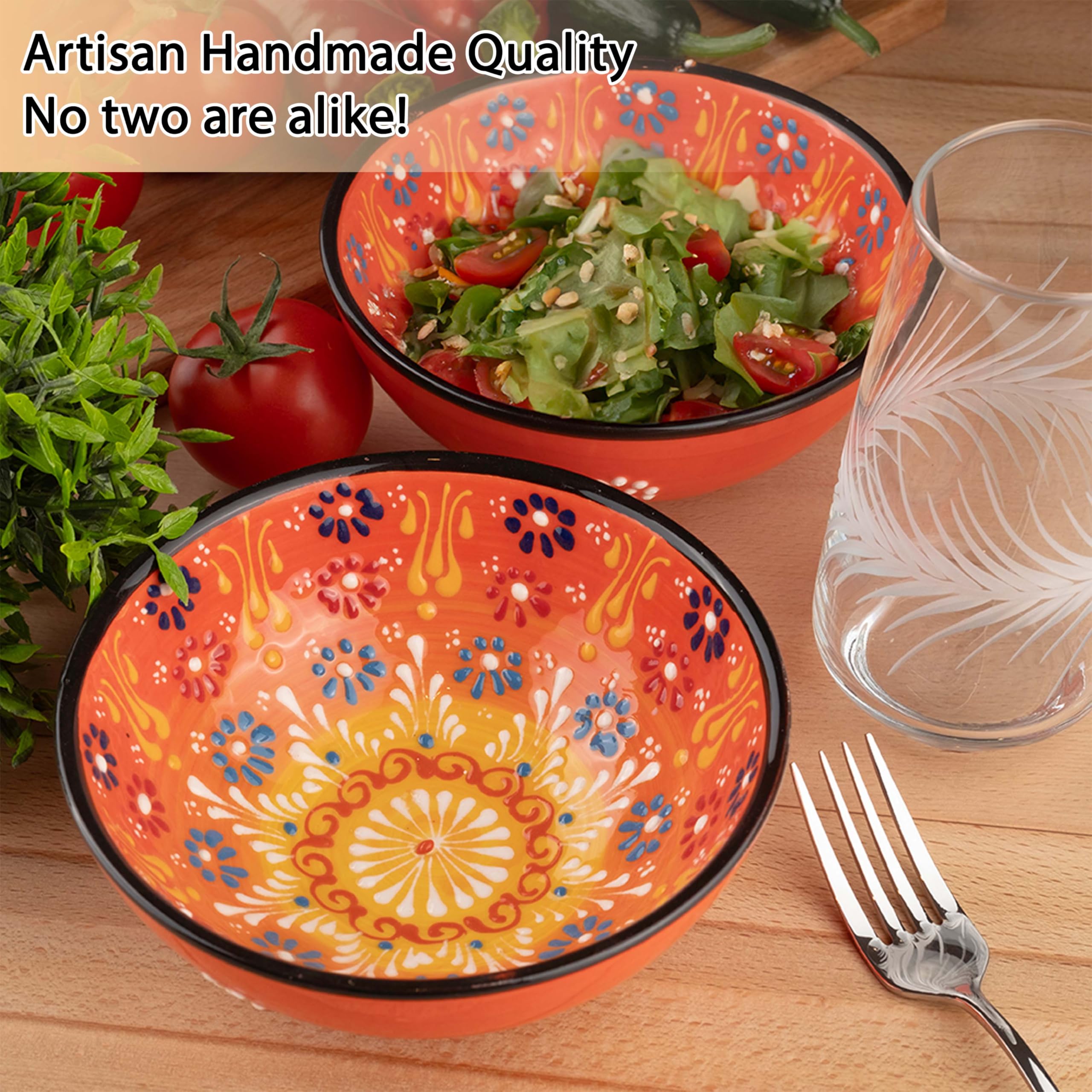 Handmade Ceramic Serving Bowls Set of 2 - 20oz Microwave & Dishwasher Safe Rice & Cereal Bowls - Colorful Snack Bowls for Breakfast, Soup, Salad & Dessert (Tangerine)