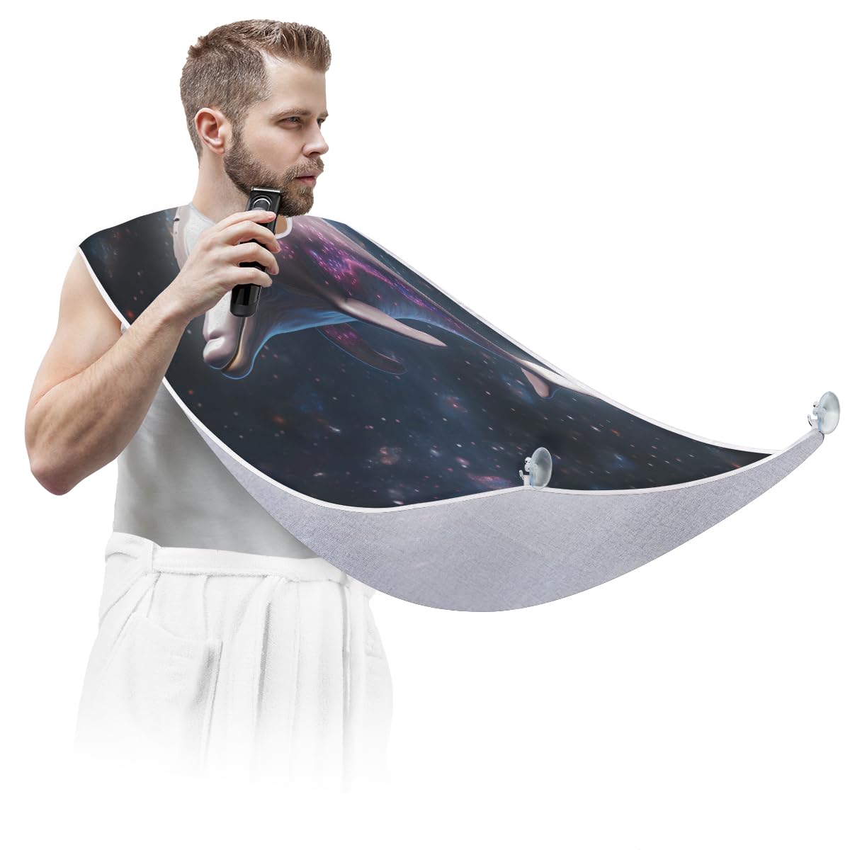 Space Dolphin Beard Shaving Bib for Men - Waterproof Hair Dye Apron & Barber Cape for Haircut, Beard Trimming & Makeup - Sink Hair Catcher & Grooming Tool - Perfect for Home Salon, Barbershop & DIY Styling