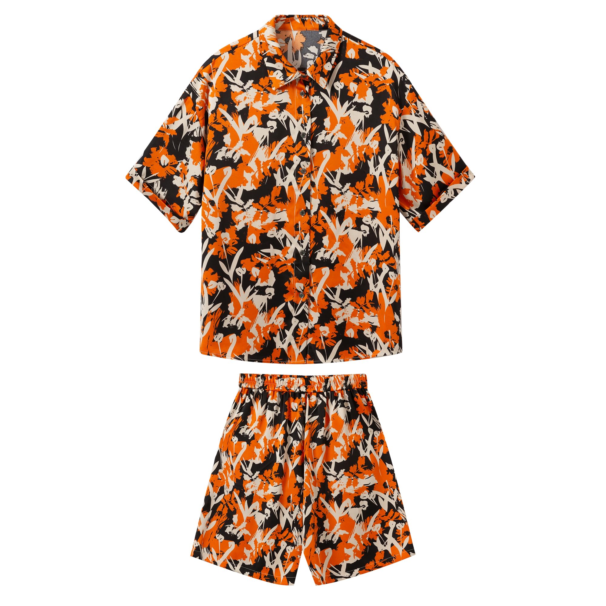 Women's Orange Yellow Floral Print Casual Shirt and Shorts Set 2 Piece - Summer Beach Vacation Outfit for Women, Tropical Holiday Wear, Poolside Lounge Clothing