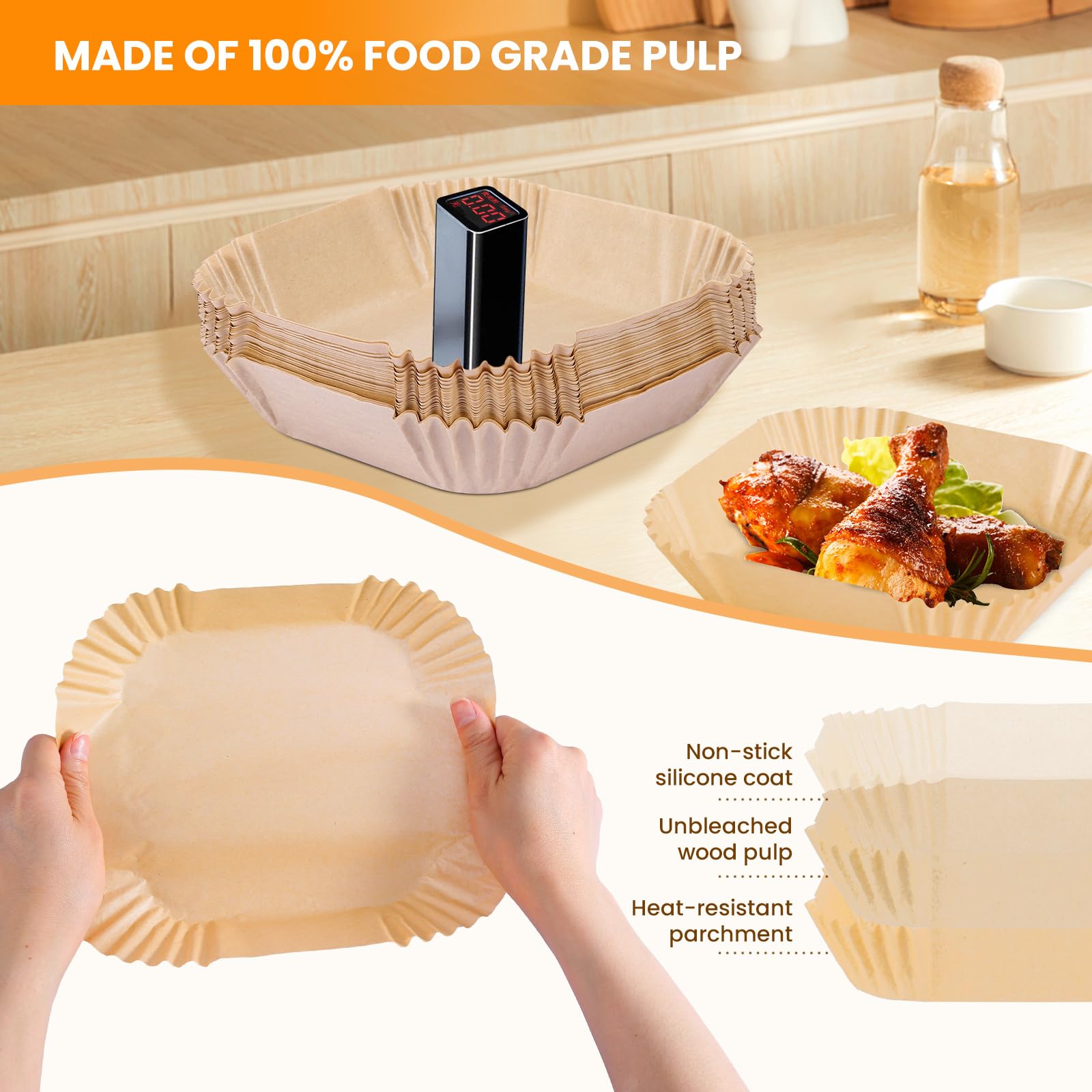 100-Pack Disposable Air Fryer Liners, Non-Stick Parchment Paper Sheets for 2-5QT Air Fryers - Bleach-Free, Microwave Safe (6.3 Inch Square) - Perfect for Roasting, Baking & Reheating Food