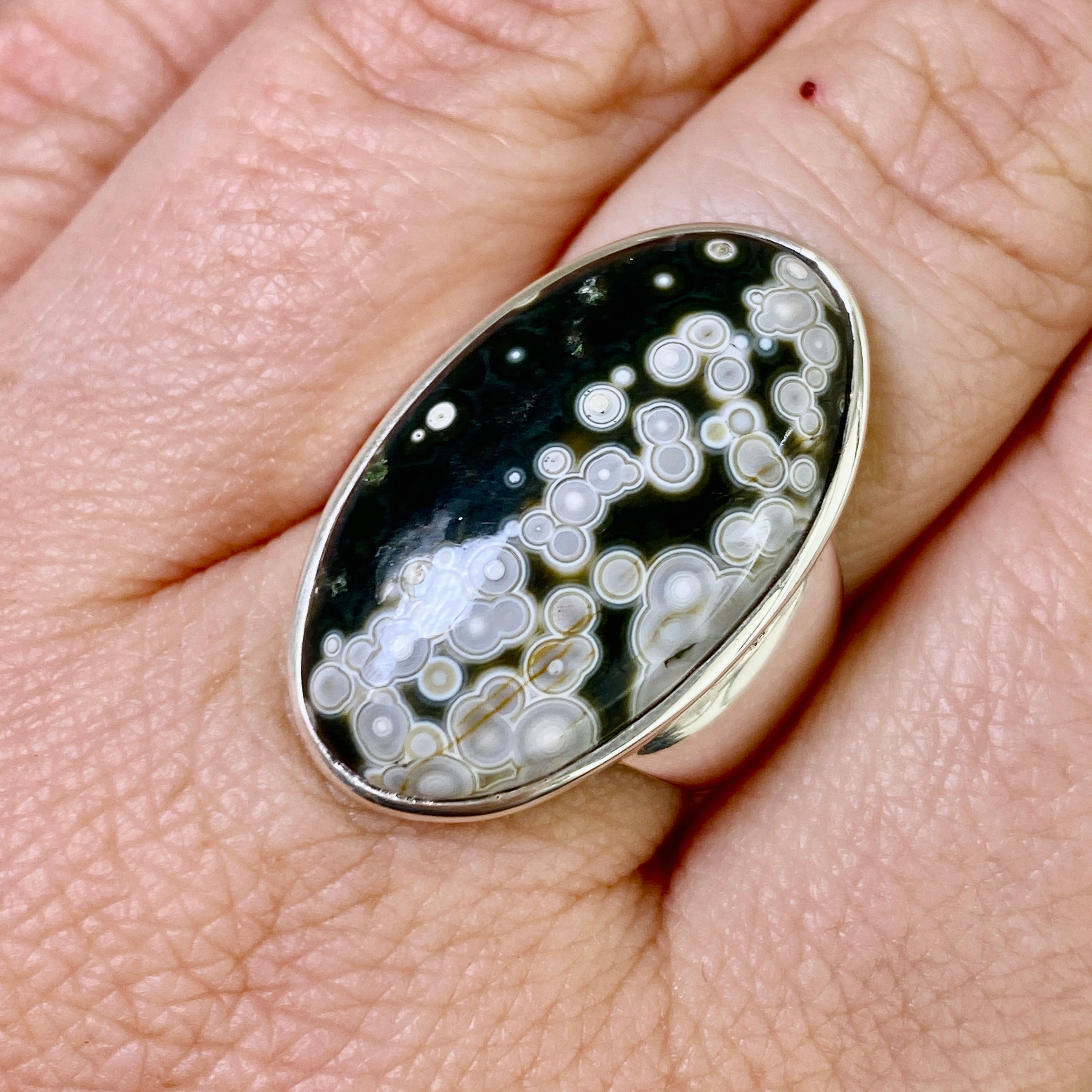 Ocean Jasper Oval Cabochon Ring Size 7.5 - Natural Stone Jewelry for Women, Handmade Sterling Silver Boho Ring - Perfect for Gift, Wedding, or Everyday Wear