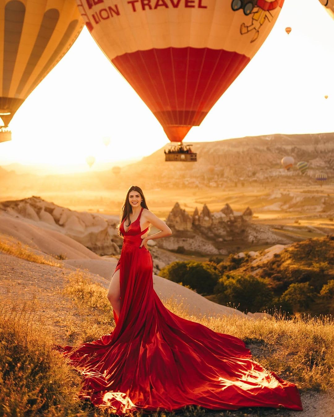 Elegant Long Flying Dress for Photoshoot - Flowy Satin Maxi Dress with Long Train (Size M, Red) | Perfect for Santorini Vacations, Beach Weddings & Boho Style Photography