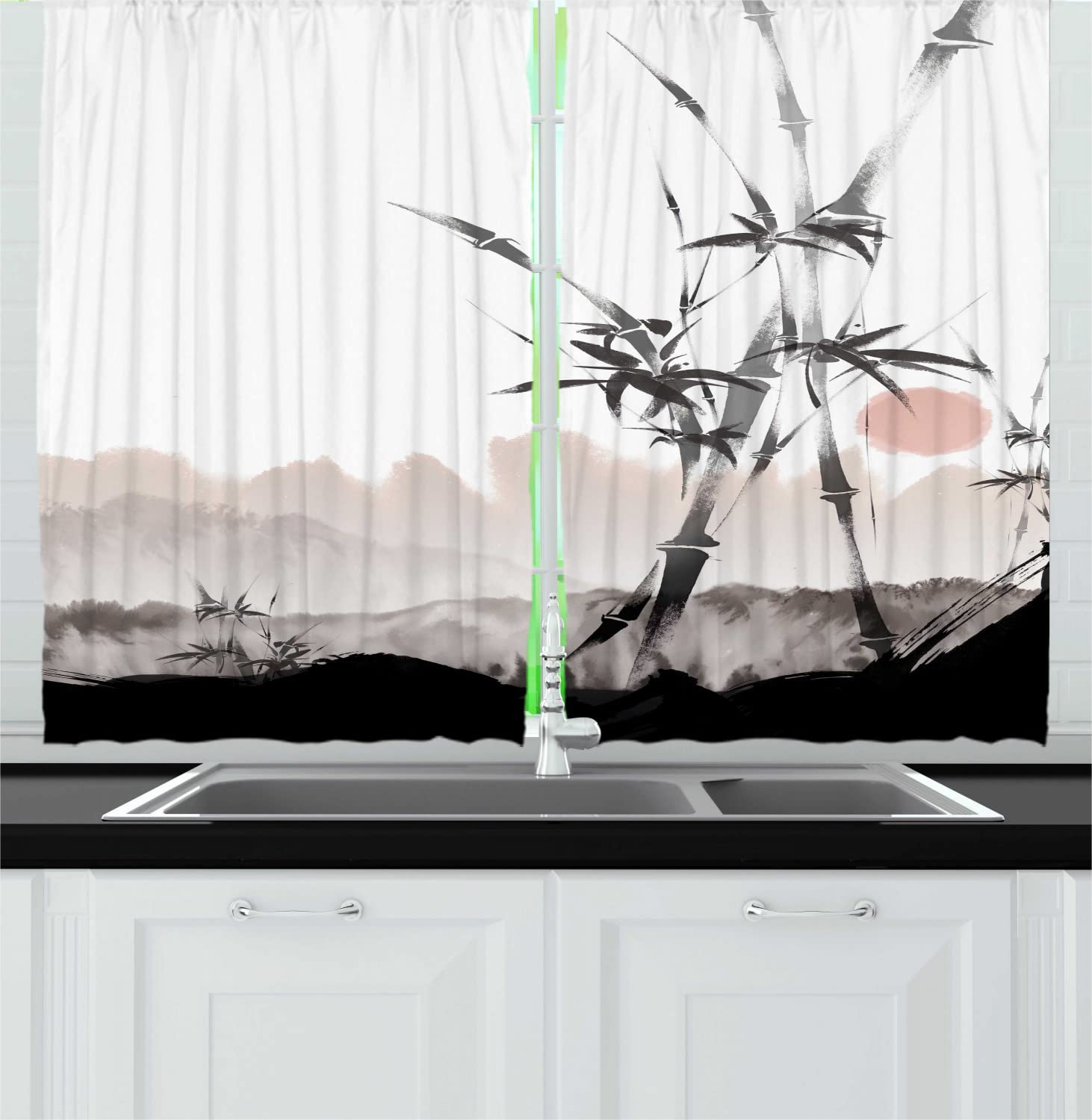 Ambesonne Exotic Kitchen Curtains Set of 2 Panels - Watercolor Branches with Sun Chinese Traditional Painting Boho Print Window Drapes for Kitchen & Cafe Decor, 55