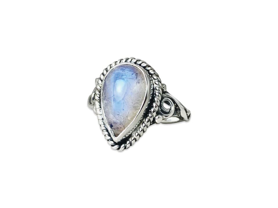 Natural Moonstone Ring - Sterling Silver Blue Fire Pear Rainbow Moonstone Jewelry - June Birthstone & Promise Ring for Women - Perfect for Gifts, Weddings & Everyday Wear (Size N 1/2)