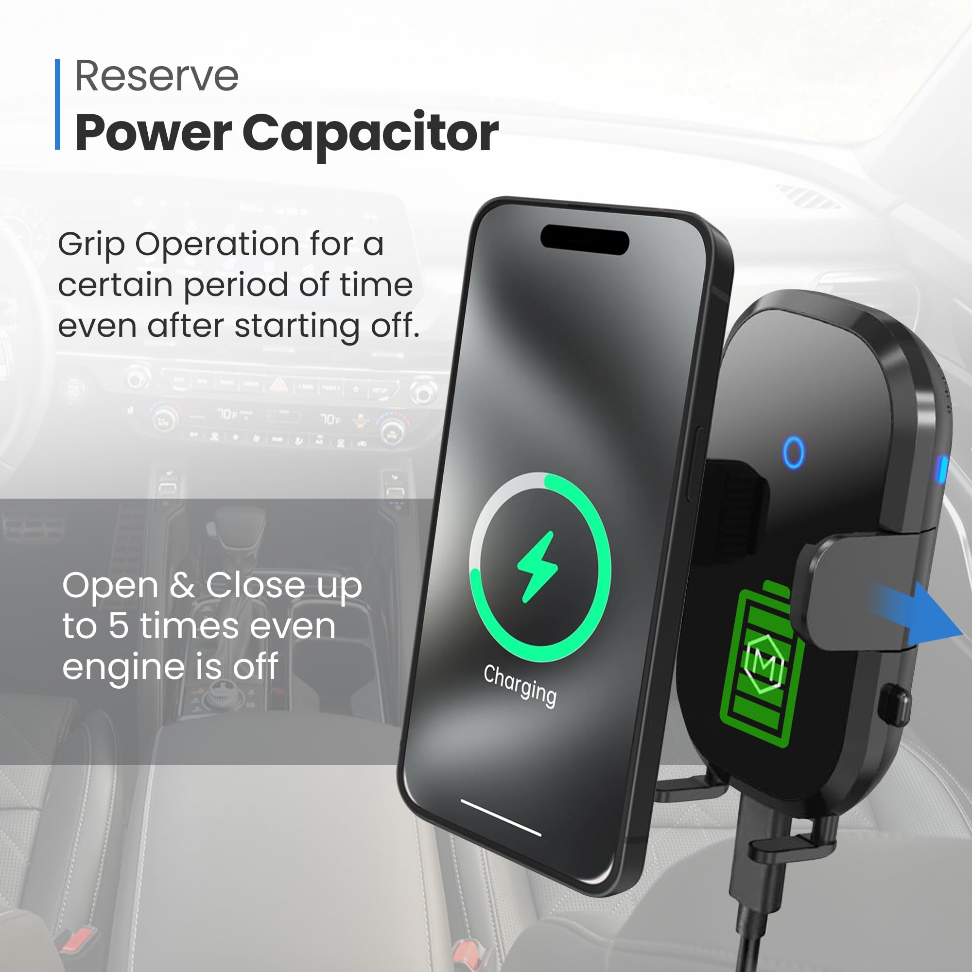 Fast Wireless Car Charger Phone Mount - 15W Qi-Certified Auto-Scan Charging, Multi-Angle Adjustable Suction Cup & Grip (Fits Phones 2.8