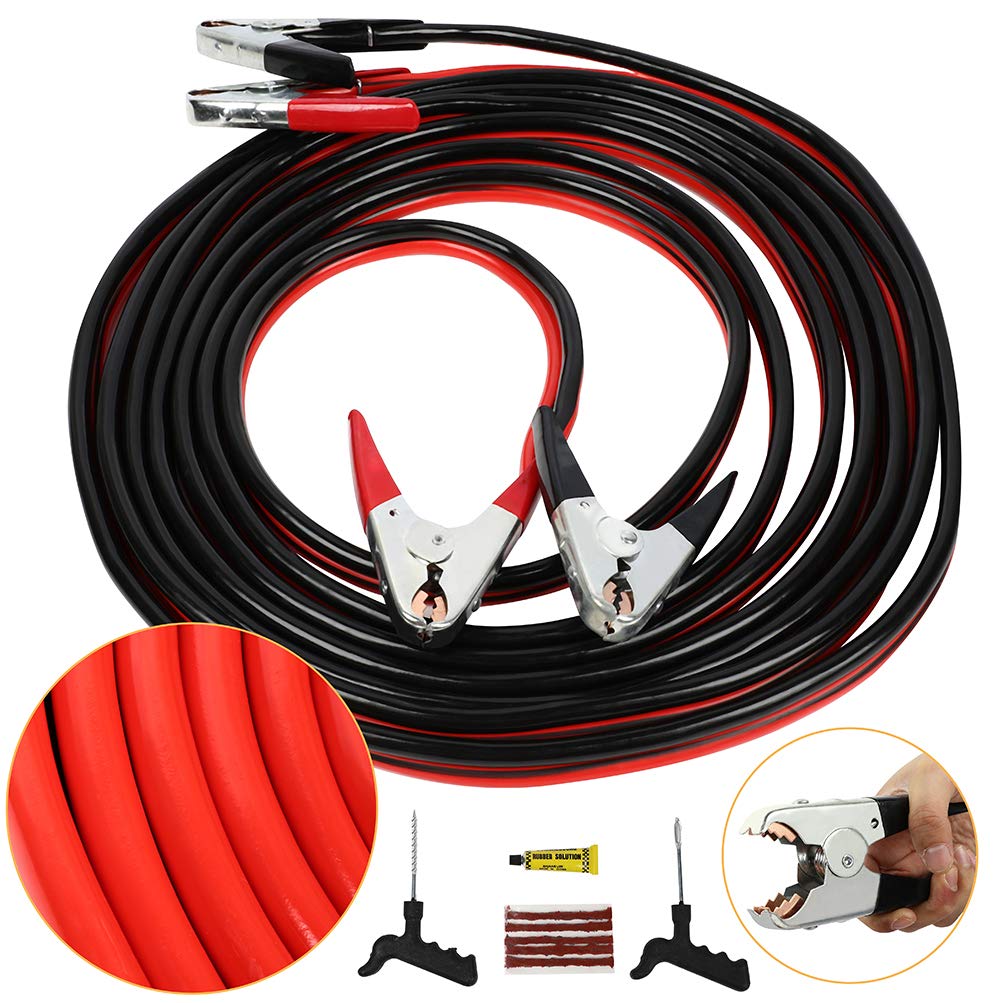 Heavy Duty 1 Gauge 30FT Jumper Cables for Car Battery - Emergency Booster Cable with Tire Repair Kit for Trucks, SUVs, Farm Equipment & Diesel Vehicles - Perfect for Roadside Emergencies and Vehicle Maintenance