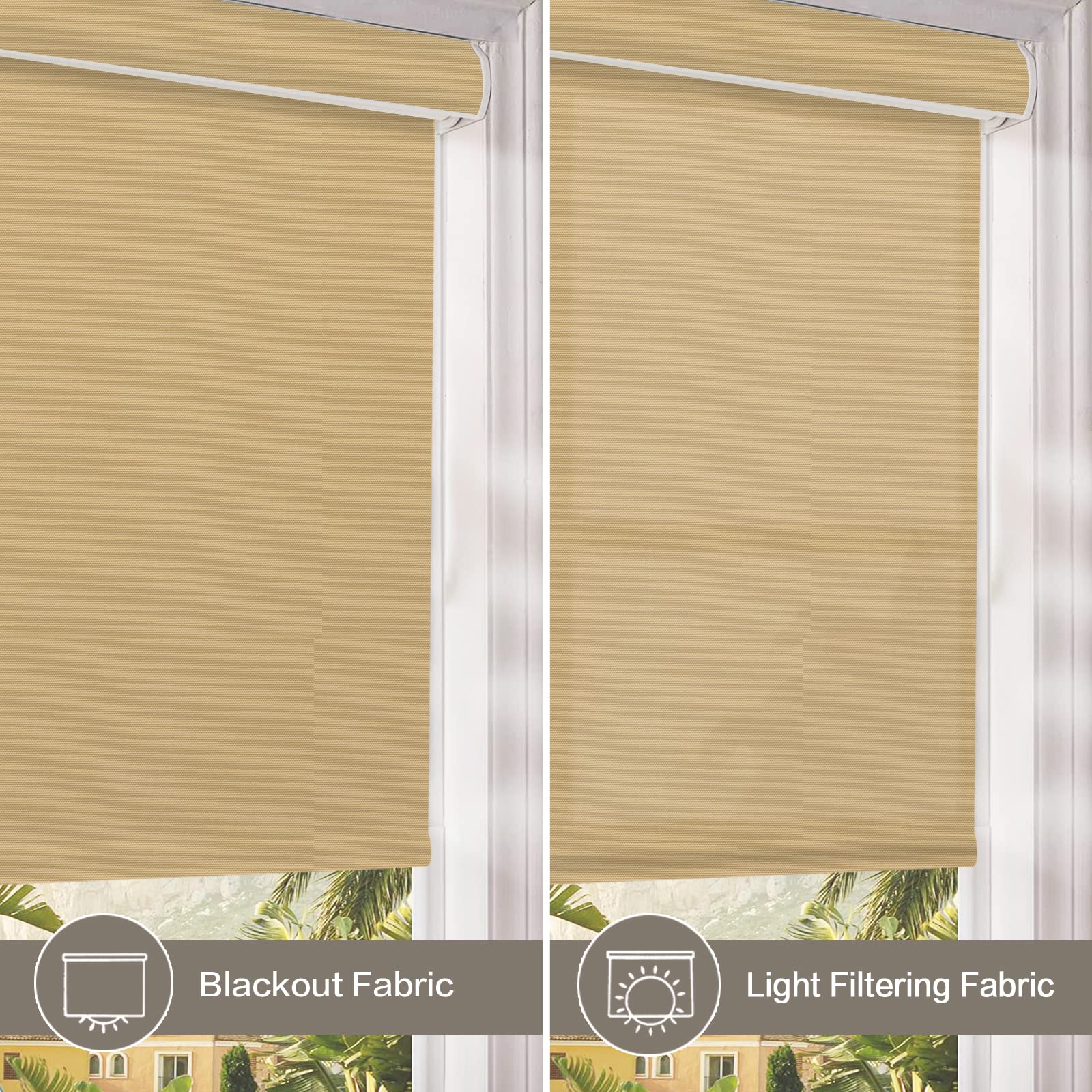 ZY Blinds Cordless Blackout Window Shades - Stone Roller Shades with Metal Valance, UV Protection & Energy Saving Room Darkening Fabric (54