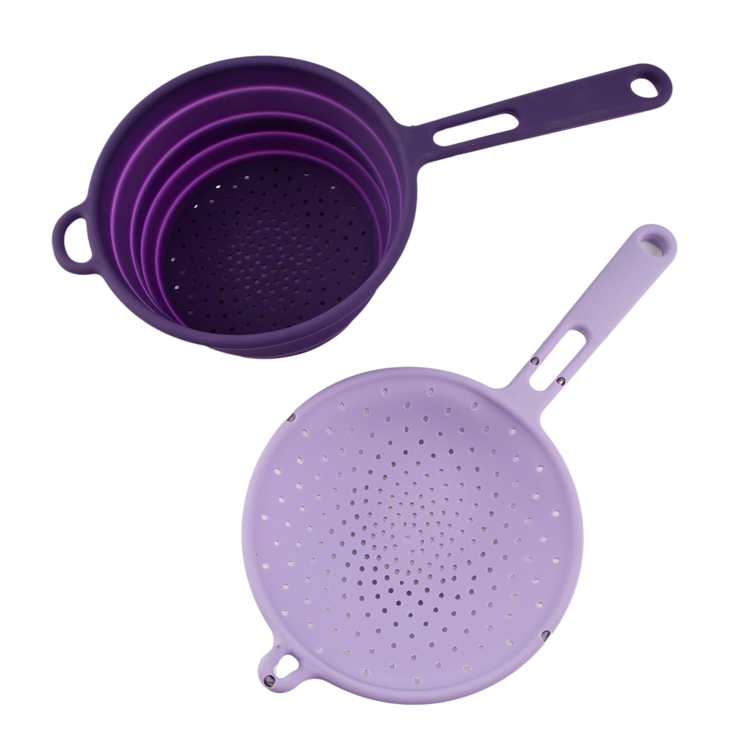 Robert Irvine 2-Piece Silicone Colander Set - Purple | BPA-Free Strainer for Pasta, Vegetables & Fruits | Perfect for Kitchen, Camping & Meal Prep