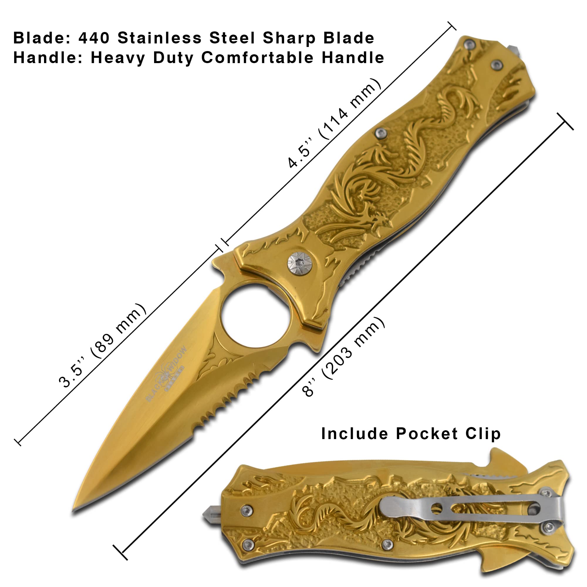 Tactical Folding Pocket Knife with Half-Serrated Blade - Snake Eye Dragon Handle (Gold) | EDC, Outdoor Survival, Camping & Everyday Carry Knife