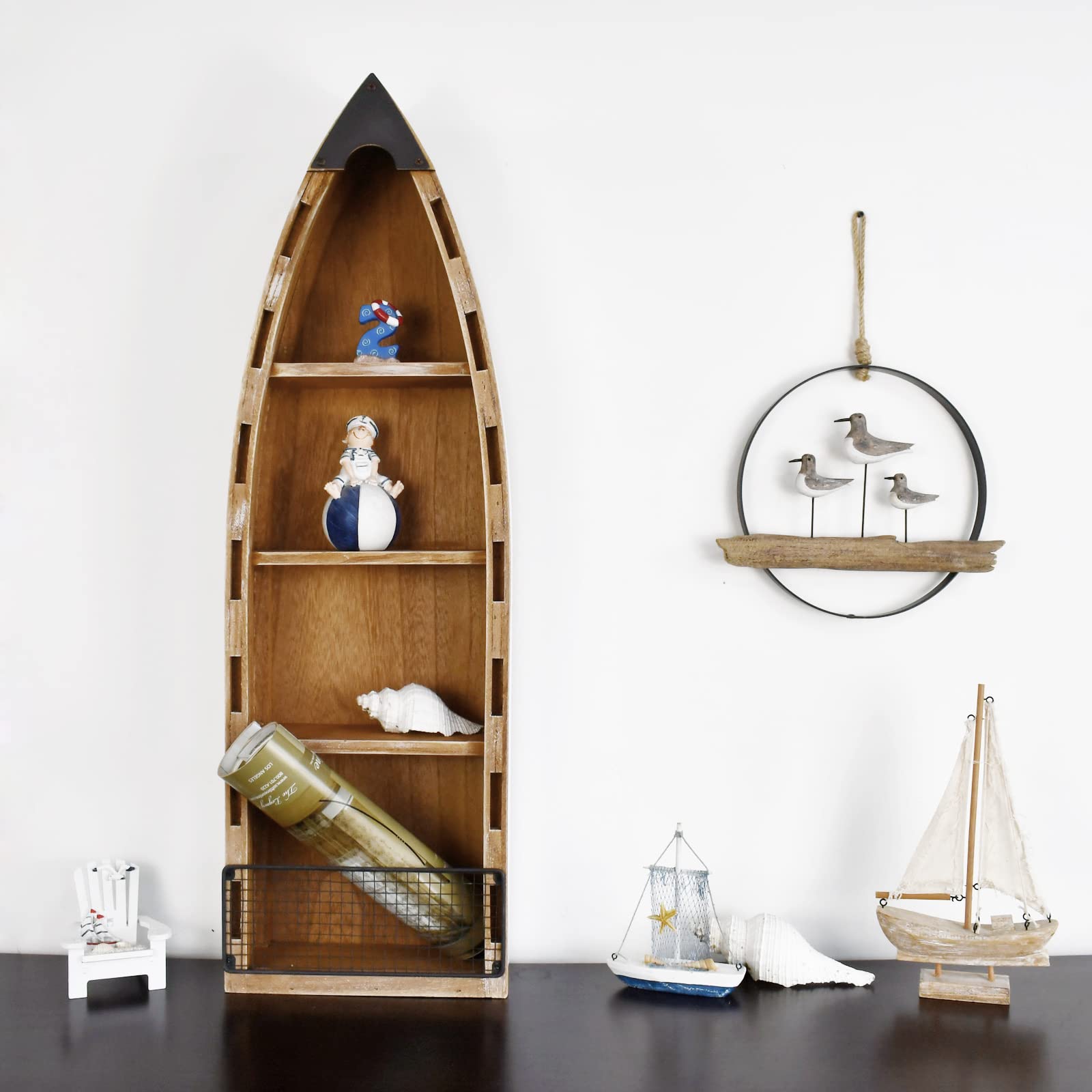 Wooden Boat Shelf - Decorative Nautical Bookshelf for Wall or Tabletop | Perfect for Beach Theme Bathroom, Living Room, Nursery & Coastal Farmhouse Decor | Lake House, Boat & Ocean Inspired Home Accents