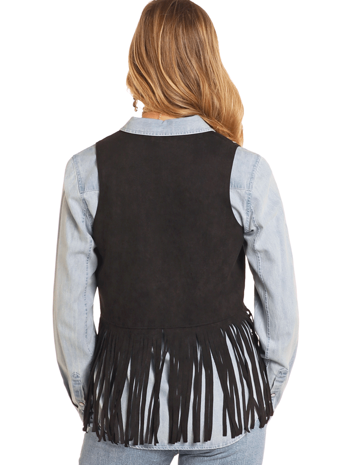 Rock & Roll Denim BW98C04549 Women's Studded Fringe Vest Black - Perfect for Concerts, Music Festivals & Biker Fashion