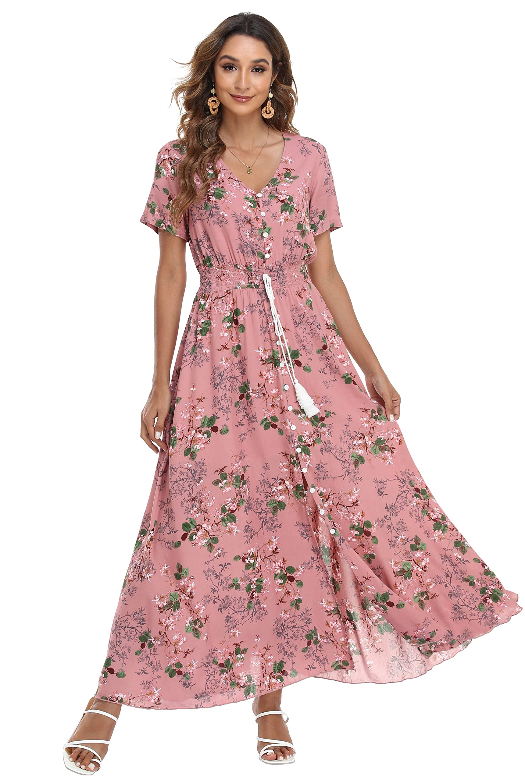 Vintage Floral Print Maxi Dress for Women - Boho Button Up Beach Dress with Side Slit | Perfect for Summer Vacations, Beach Parties & Casual Outings