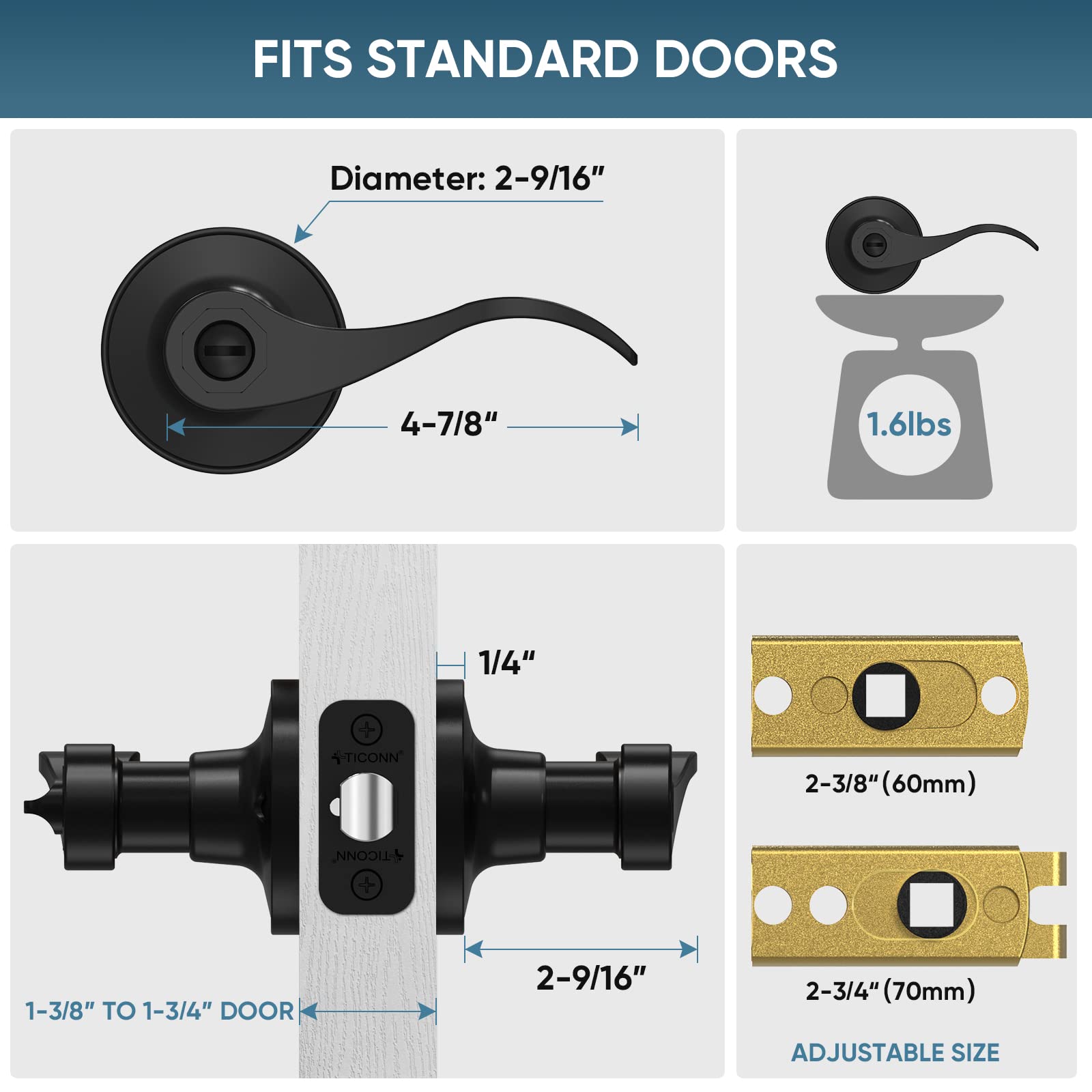 TICONN Traditional Wave Style Reversible Door Lever - Matte Black Interior Door Handles & Closet Knobs (5-Pack, Privacy Function) - Perfect for Bedrooms, Bathrooms, and Home Office Doors