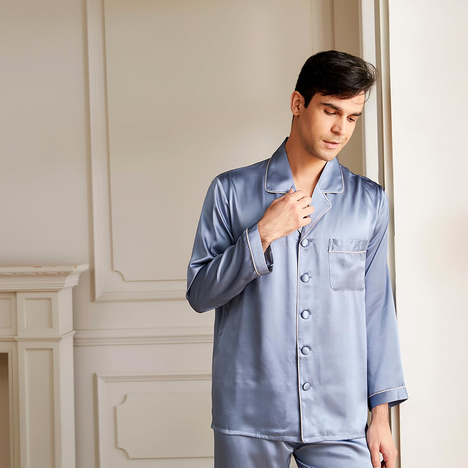 Premium 19 Momme Mulberry Silk Pajama Set for Men - 2-Piece Long Sleeve Luxury Sleepwear | Lightweight & Breathable Silk Pajamas | Perfect for Lounging, Travel & Gift Giving
