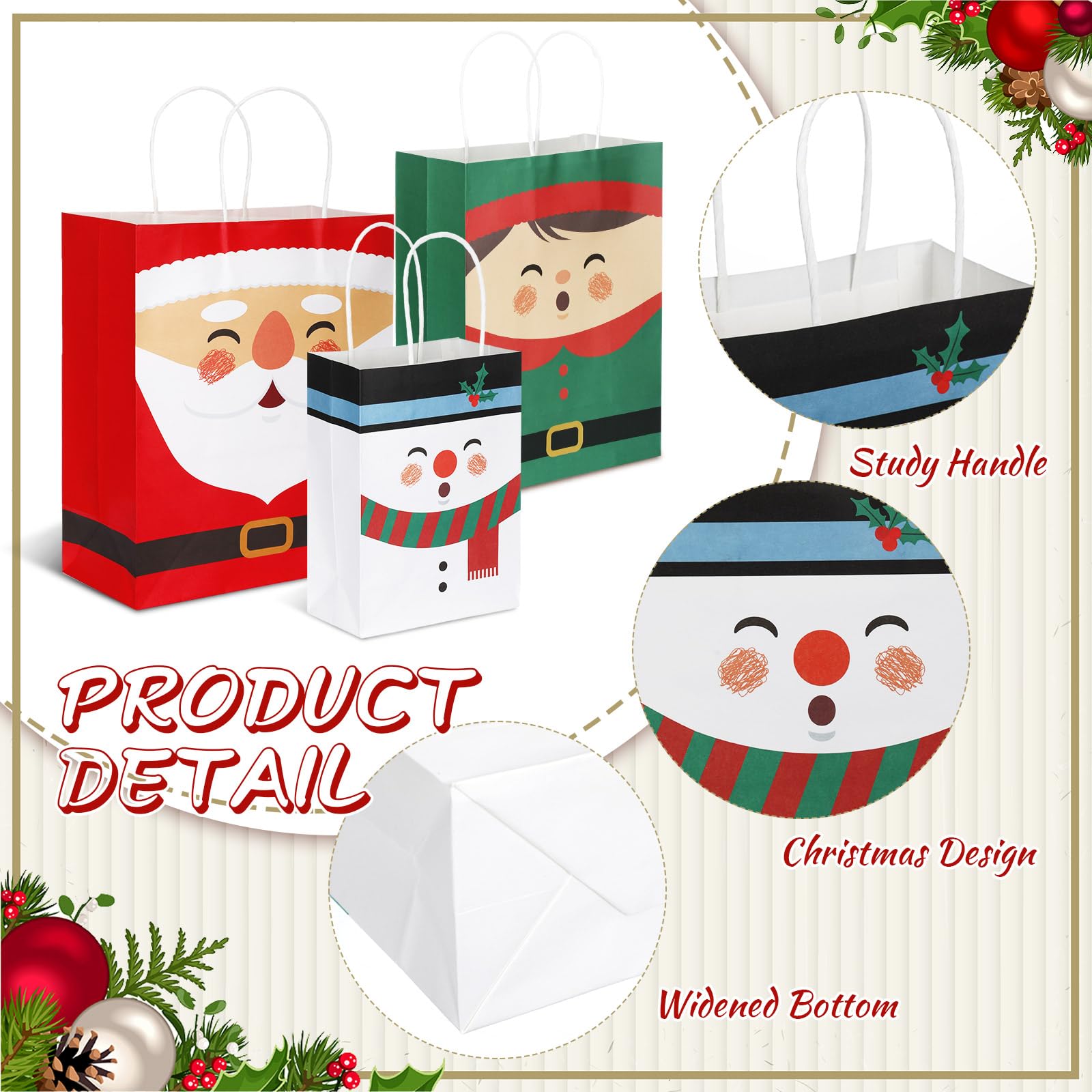 60 Pcs Christmas Kraft Gift Bags Bulk with Handles - Assorted Sizes Holiday Party Favor Bags for Candy, Treats & Gifts - Xmas Goodie Bags for Wrapping, Stocking Stuffers & Classroom Exchanges (Santa Theme)