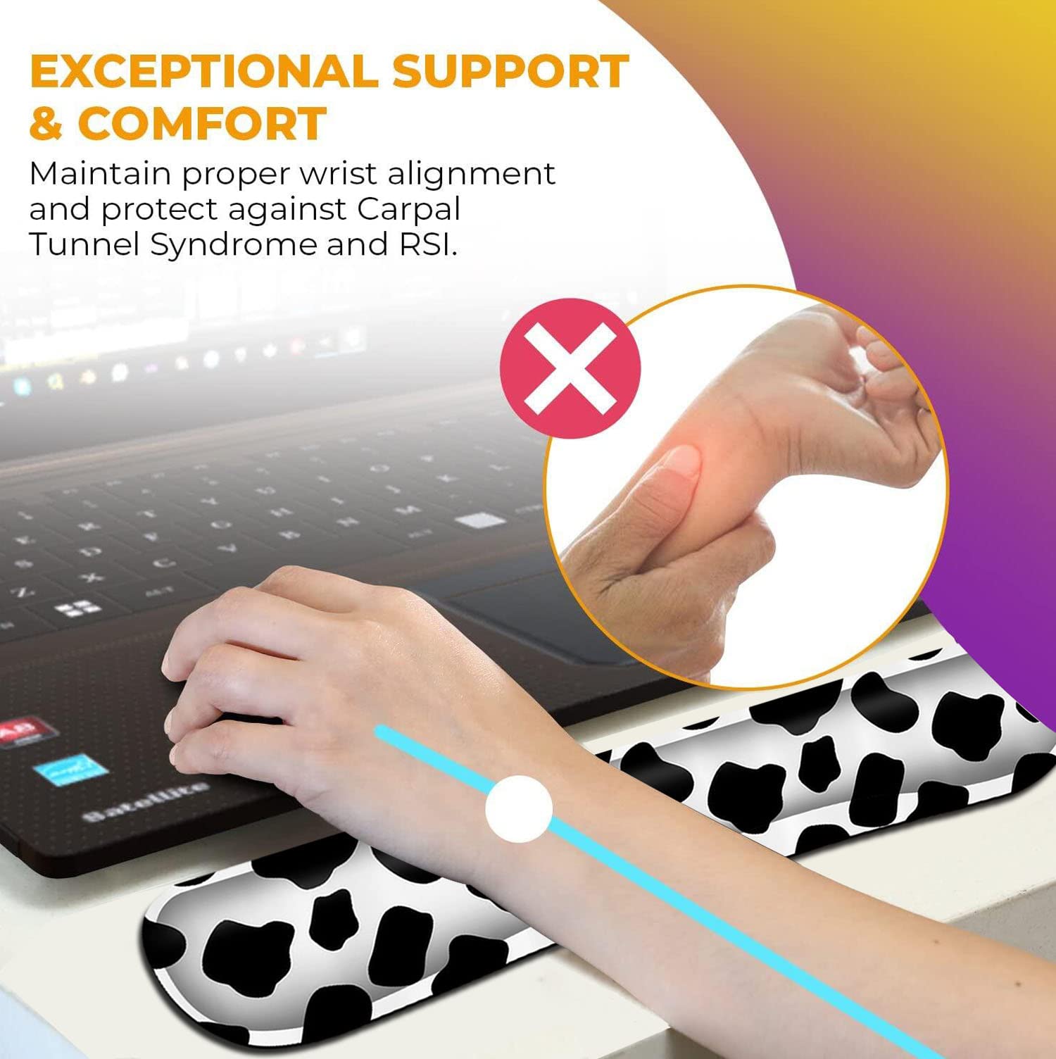 Ergonomic Gel Mouse Pad with Wrist Support - Black and White Cow Pattern, Memory Foam Keyboard Wrist Rest for Office & Gaming - Soft Desk Pad for Typing Comfort and Wireless Mouse Use
