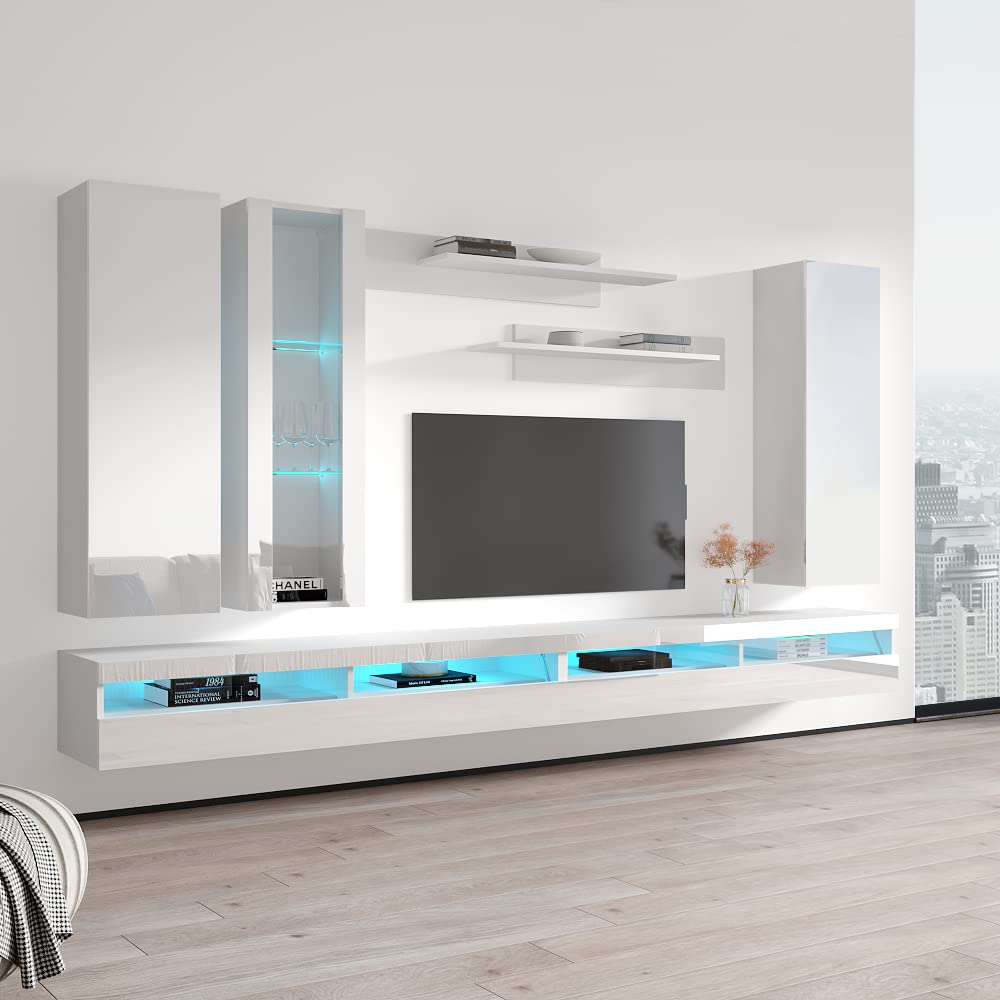 Modern White Wall-Mounted TV Stand with Storage Shelves & LED Lights - Floating Entertainment Center Console for Living Room & Bedroom - Space-Saving Furniture for Small Apartments & Home Theaters