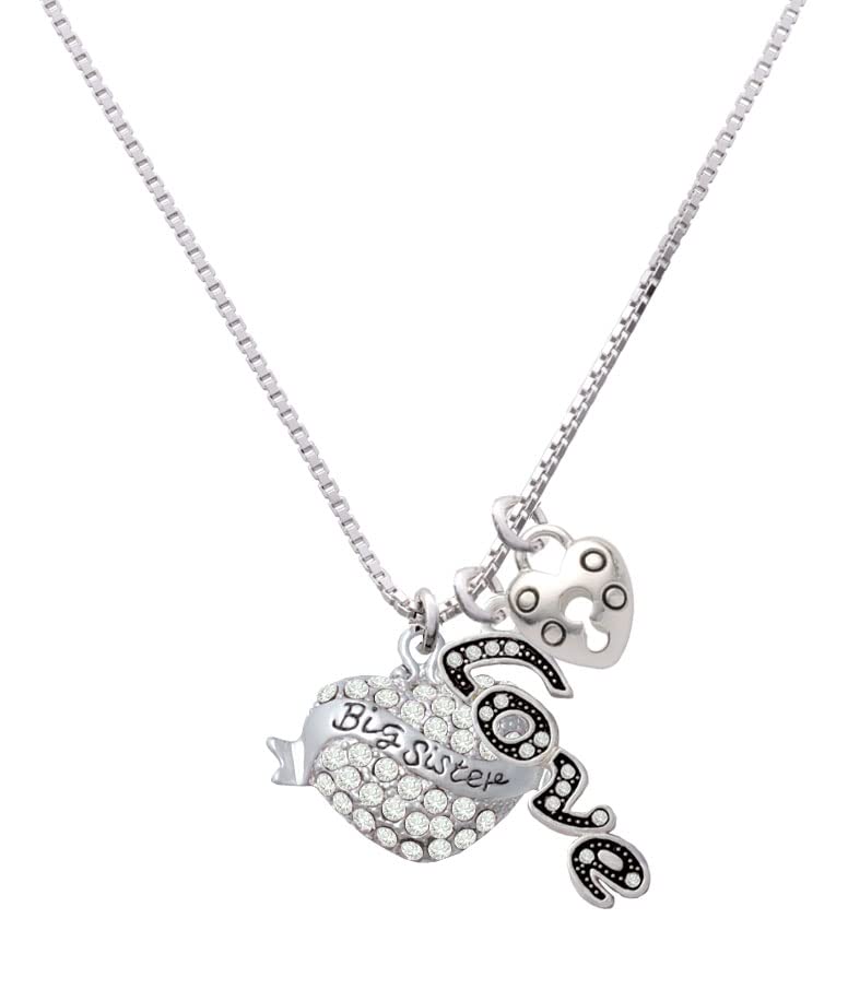 Delight Jewelry Sterling Silver Big Sister Crystal Heart Charm Necklace with Love & Lock Pendant - 18