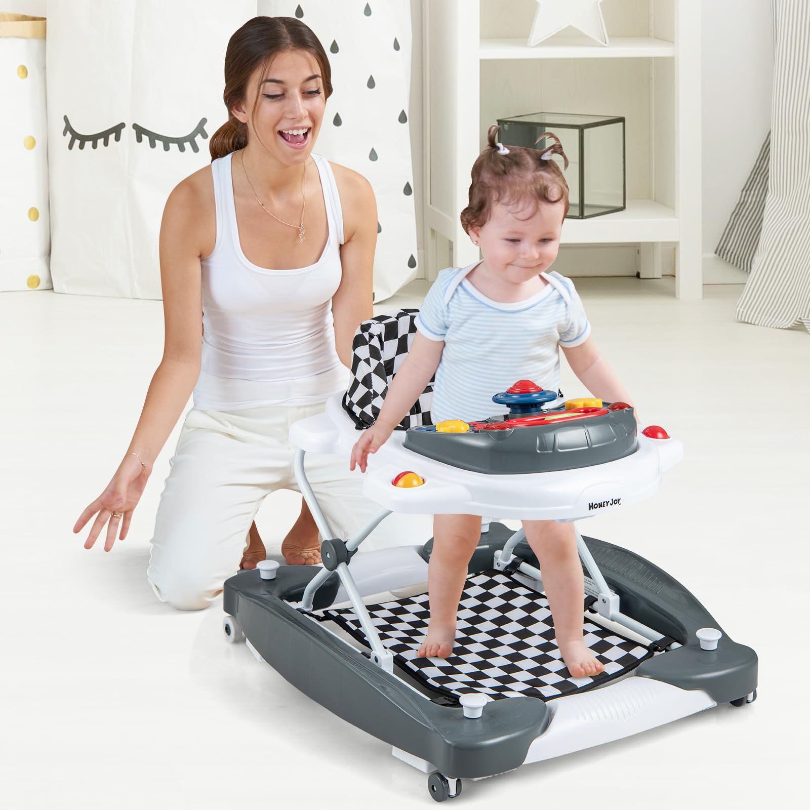 HONEY JOY 6-in-1 Foldable Baby Walker & Bouncer Combo - Adjustable Height Activity Walker with Wheels, Rocker, Music & Lights for Infants 7-14 Months (Gray) | Perfect for Playtime, Learning to Walk & Indoor Entertainment for Baby Boys & Girls