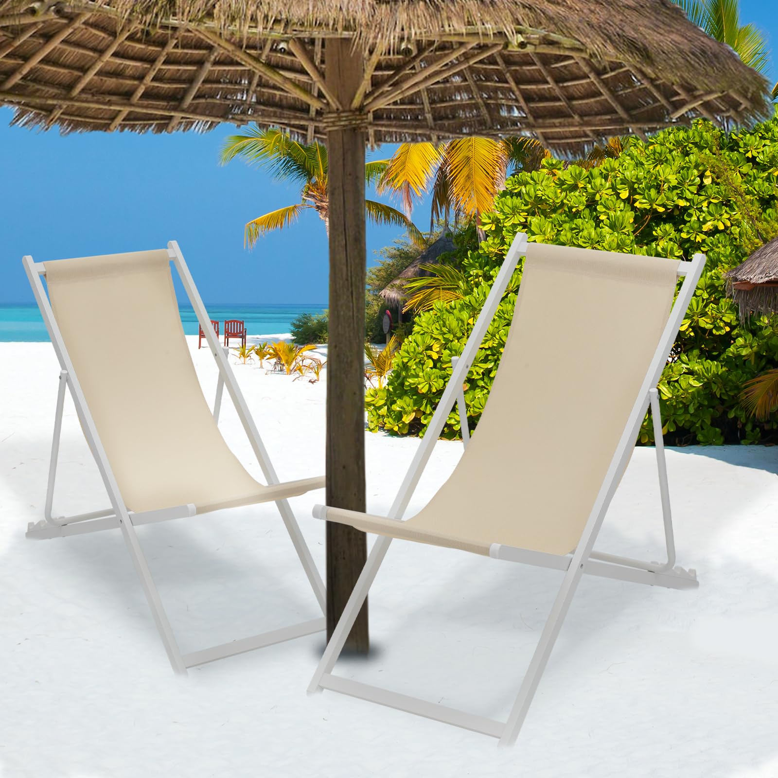 MoNiBloom Foldable Outdoor Adjustable Beach Patio Sling Chairs - Portable Aluminum Frame Lounge Folding Chair Set of 2 (Beige) - Perfect for Poolside, Backyard, Camping & Picnics