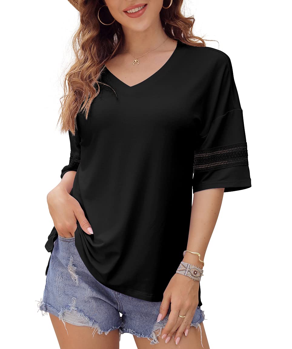 Feiersi Women's 3/4 Sleeve V-Neck Casual T-Shirt - Soft Breathable Tunic Top for Everyday Wear | Perfect for Work, Weekend Outings & Layering