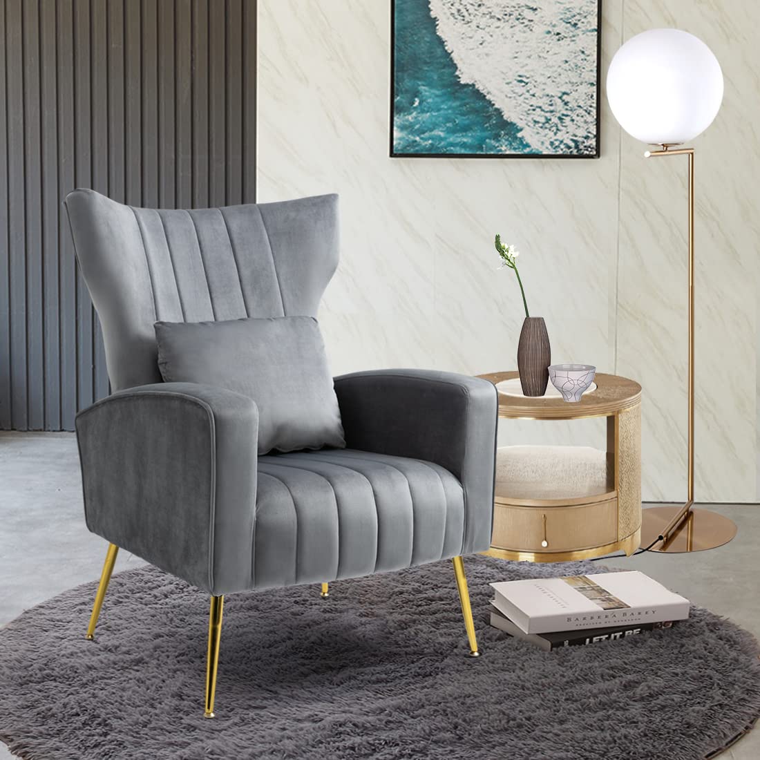 Velvet Accent Chair - Comfy Living Room & Bedroom Reading Armchair, Modern Sofa Furniture Set in Gray - Perfect for Relaxing, Lounging & Home Decor