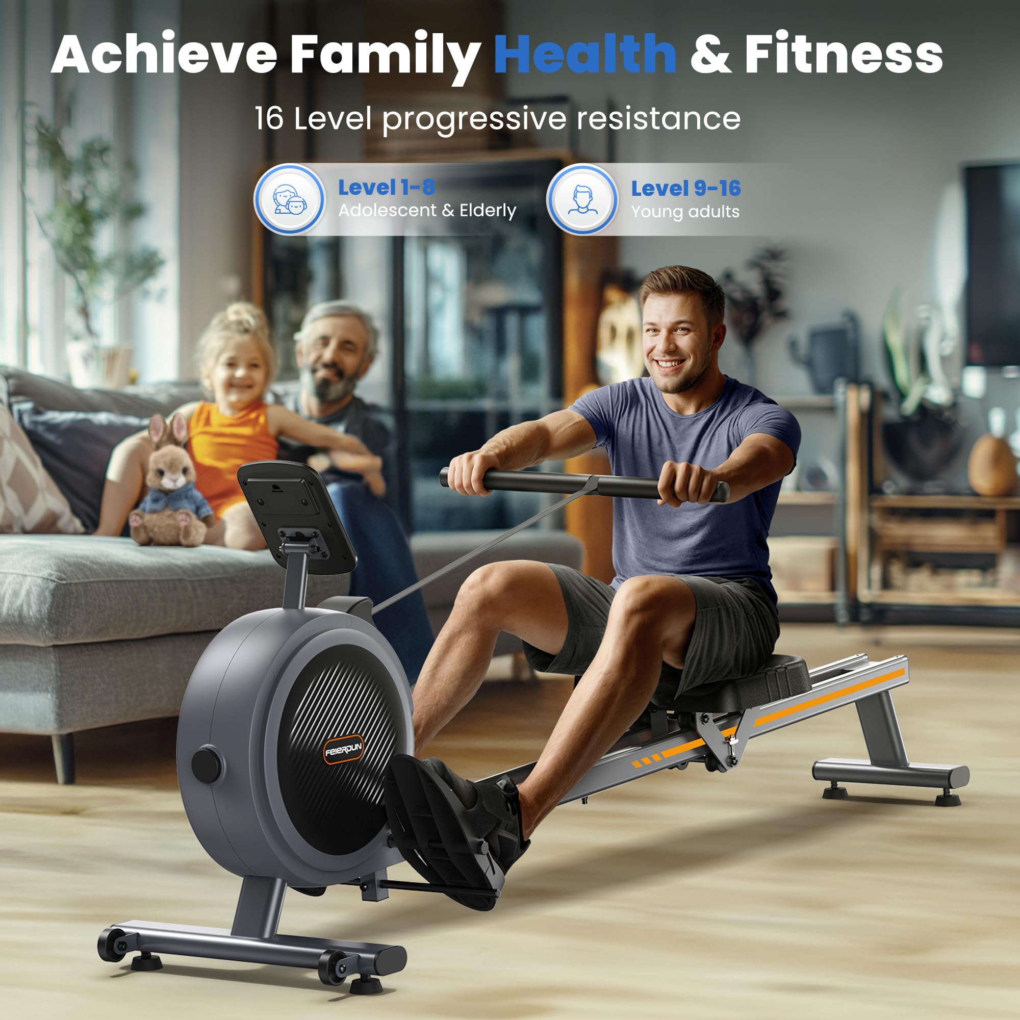 FEIERDUN Magnetic Rowing Machine for Home - 350LBS Weight Capacity, Dual Slide Rail, Bluetooth APP Connectivity - Perfect for Home Gym, Cardio Workouts & Full Body Training