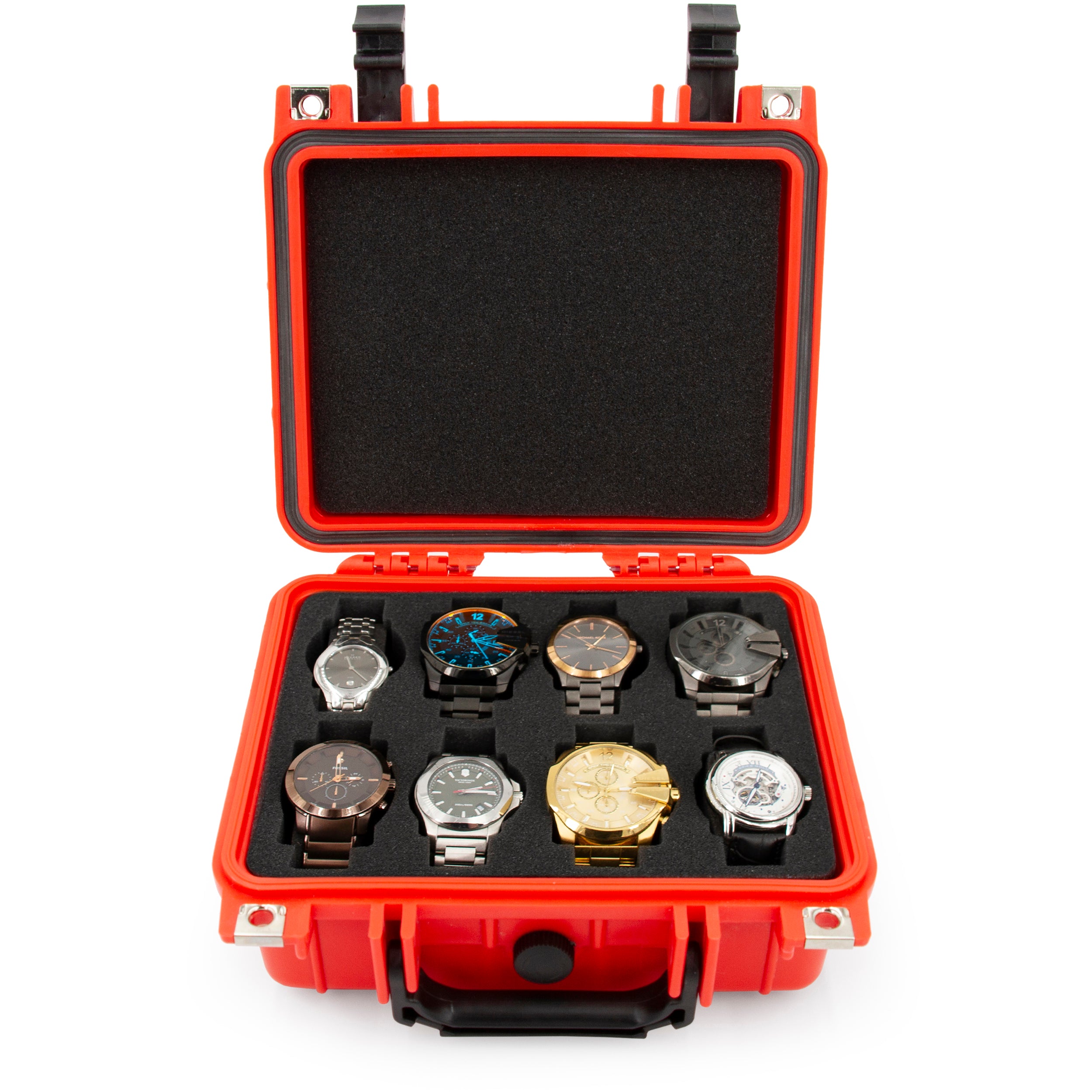 Premium CASEMATIX Waterproof Watch Travel Case - 8 Watch Roll Holder with Foam Display Tray - Fits 24mm to 56mm Watch Faces (Red) - Perfect for Travel, Storage & Watch Collection Organization