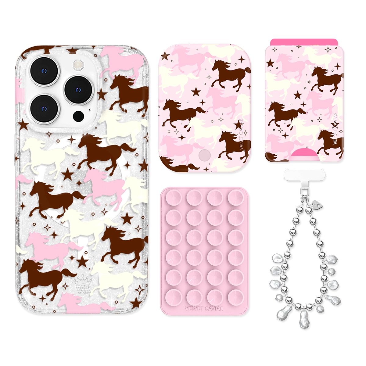 Pink Pony Glitter iPhone Case with Wallet - Cute Sparkly Phone Cover for iPhone 13/14/15 Pro Max - Perfect for Girls, Teens & Women - Great for Parties, Travel & Everyday Use