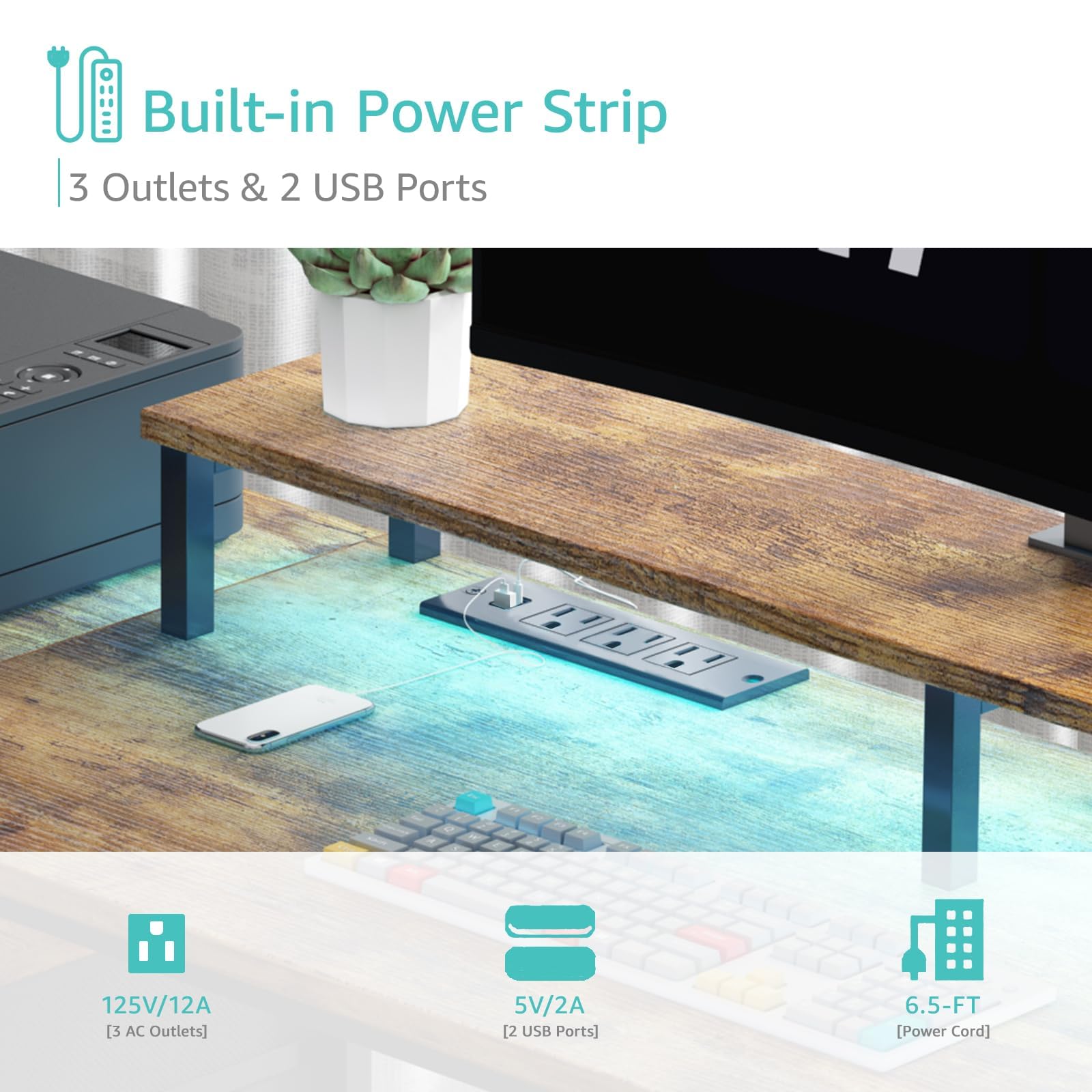 55 Inch Rustic Brown Computer Desk with Fabric File Drawers & LED Lights - Home Office Desk with Shelves, Monitor Stand & Power Outlets - Perfect for Study, Writing, Gaming & Bedroom Workspace