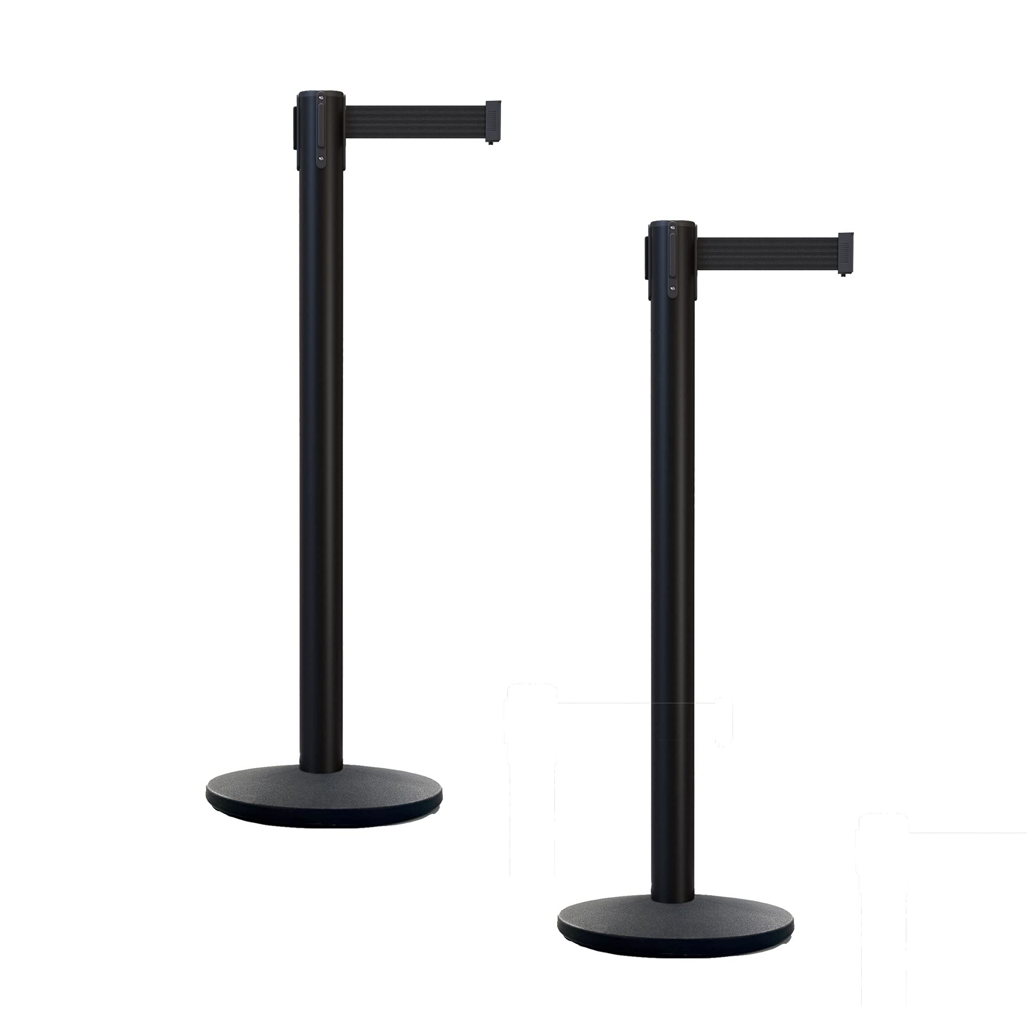 Montour Line MI650 Set of 2 Retractable Belt Barrier Stanchions with Cast Iron Base - 16ft Black Belt, Black Powder Coated Steel Post for Crowd Control, Queue Management - Perfect for Events, Retail Stores, and Public Spaces