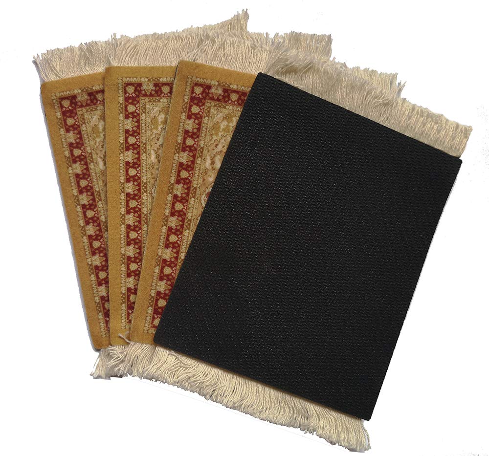 Oriental Design Fabric Carpet Coasters Set of 4 - Non-Slip Drink Mats with Tassels for Coffee Tables, Yellow Pattern | Perfect for Home Decor, Tea Parties & Protecting Furniture