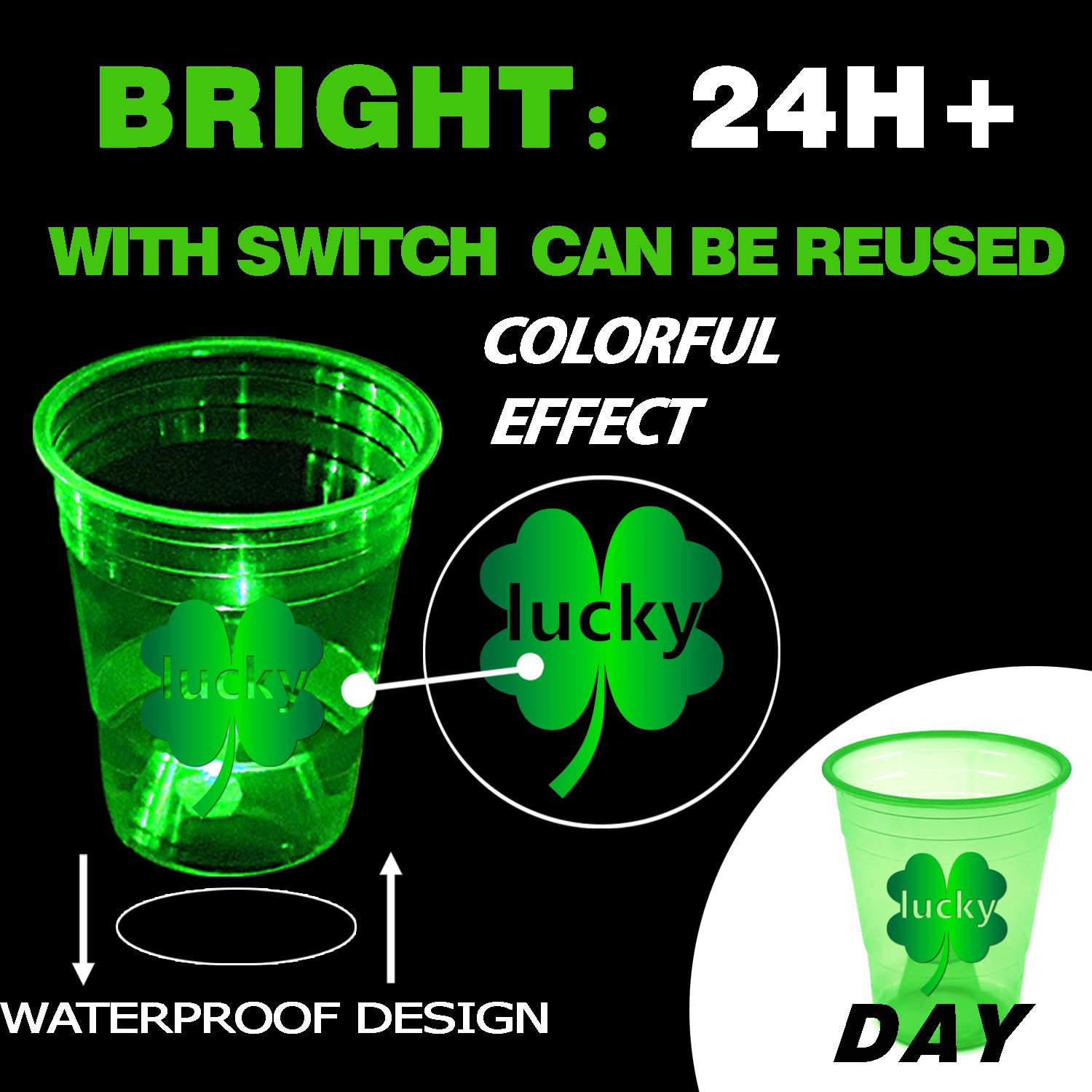 24 Pack Glow in the Dark St. Patrick's Day Party Cups - 16oz Shamrock Themed Disposable Cups for Nighttime Celebrations, Indoor/Outdoor St. Patty's Day Decorations & Party Favors - Perfect for Bar Crawls, Parades, Irish Themed Weddings & Pub Parties