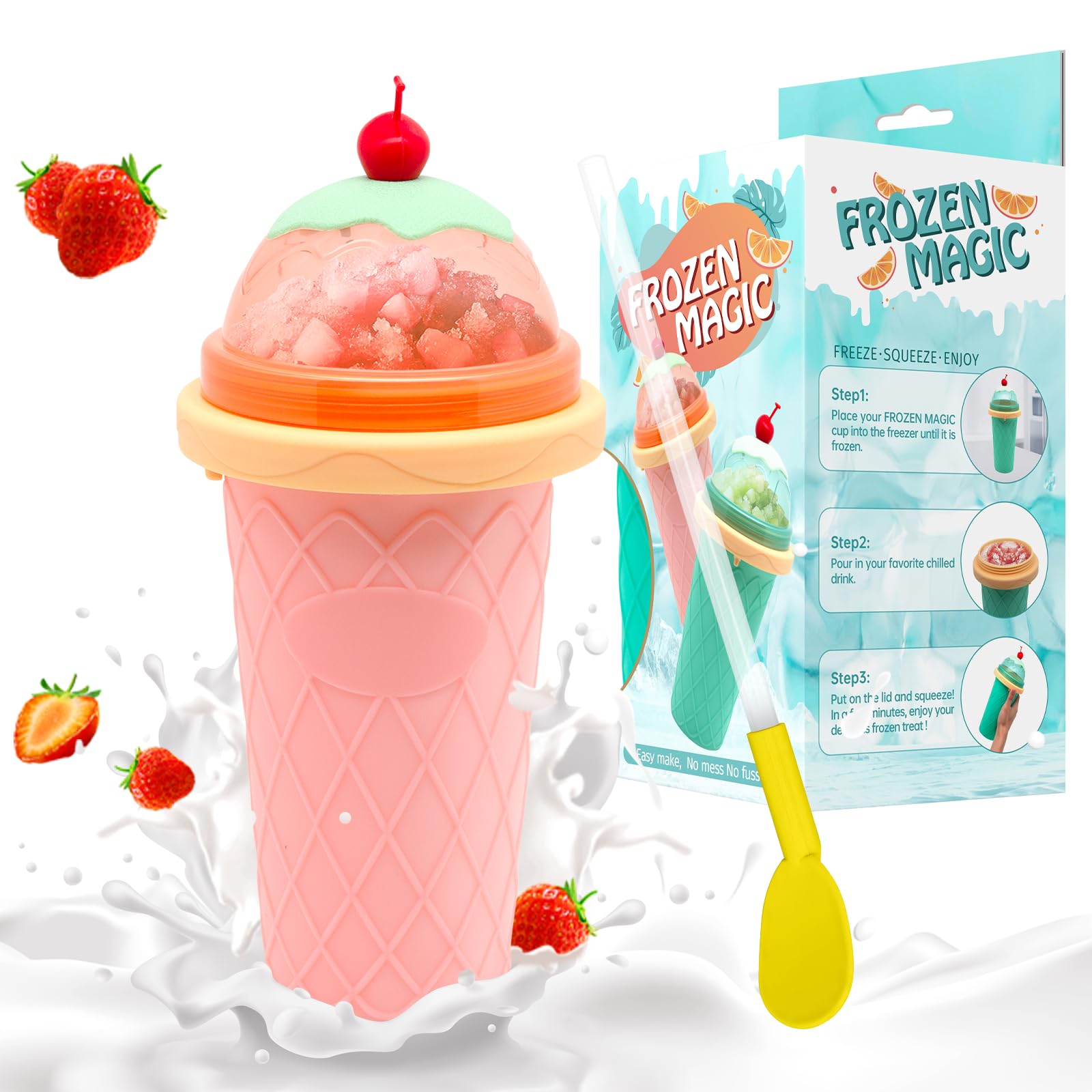 Magic Slushie Cup Maker with Lids & Straws - Portable Frozen Drink Cup for Smoothies, Juices, Milk & Ice Cream - Fun Slushy Cup for Kids, Friends & Family (Pink) - Perfect for Parties, Picnics & Summer Treats