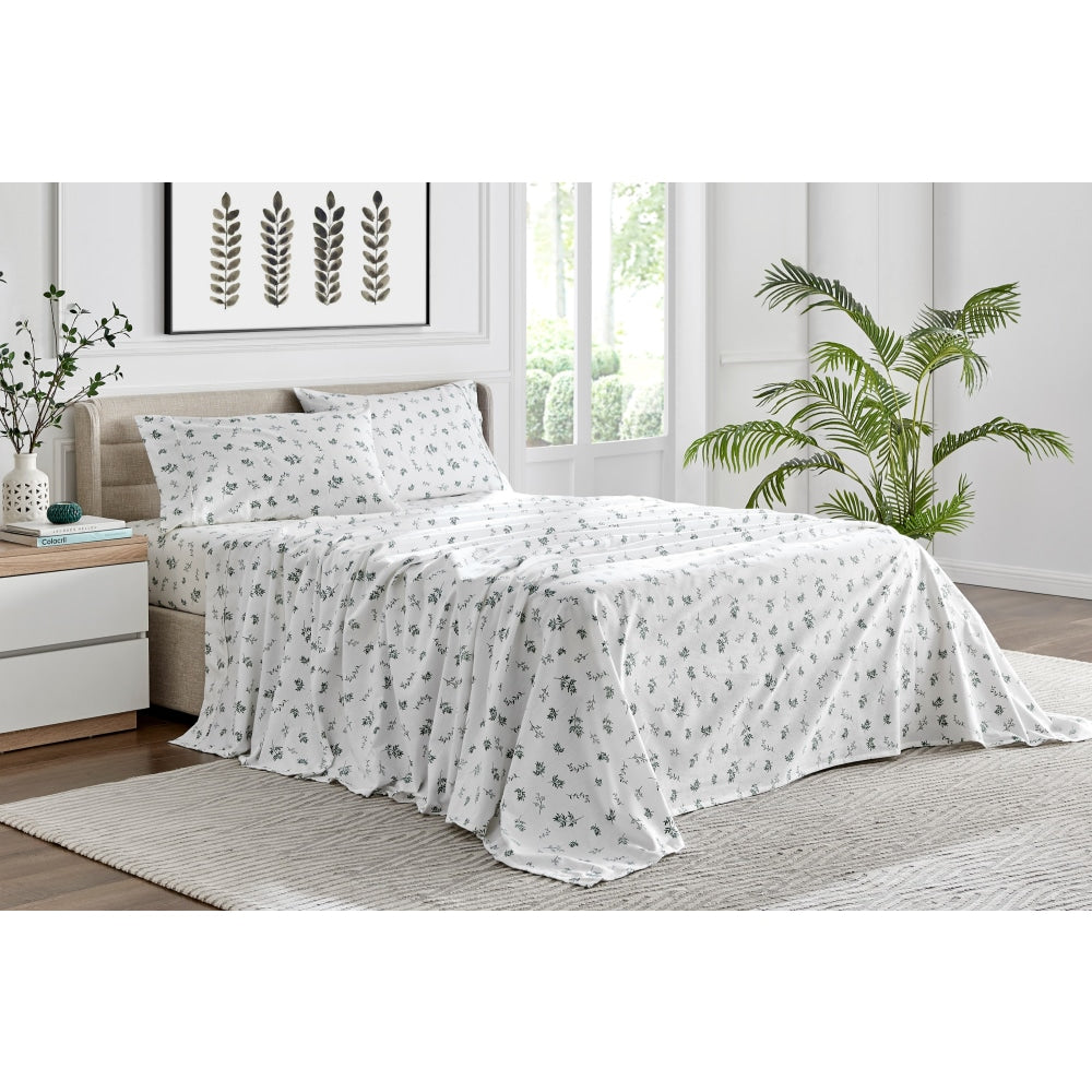 150GSM Soft Flannel Bed Sheet Set with Leaves Print - Green, Single Size - Cozy & Breathable for All Seasons - Perfect for Bedroom, Guest Room, or Dorm