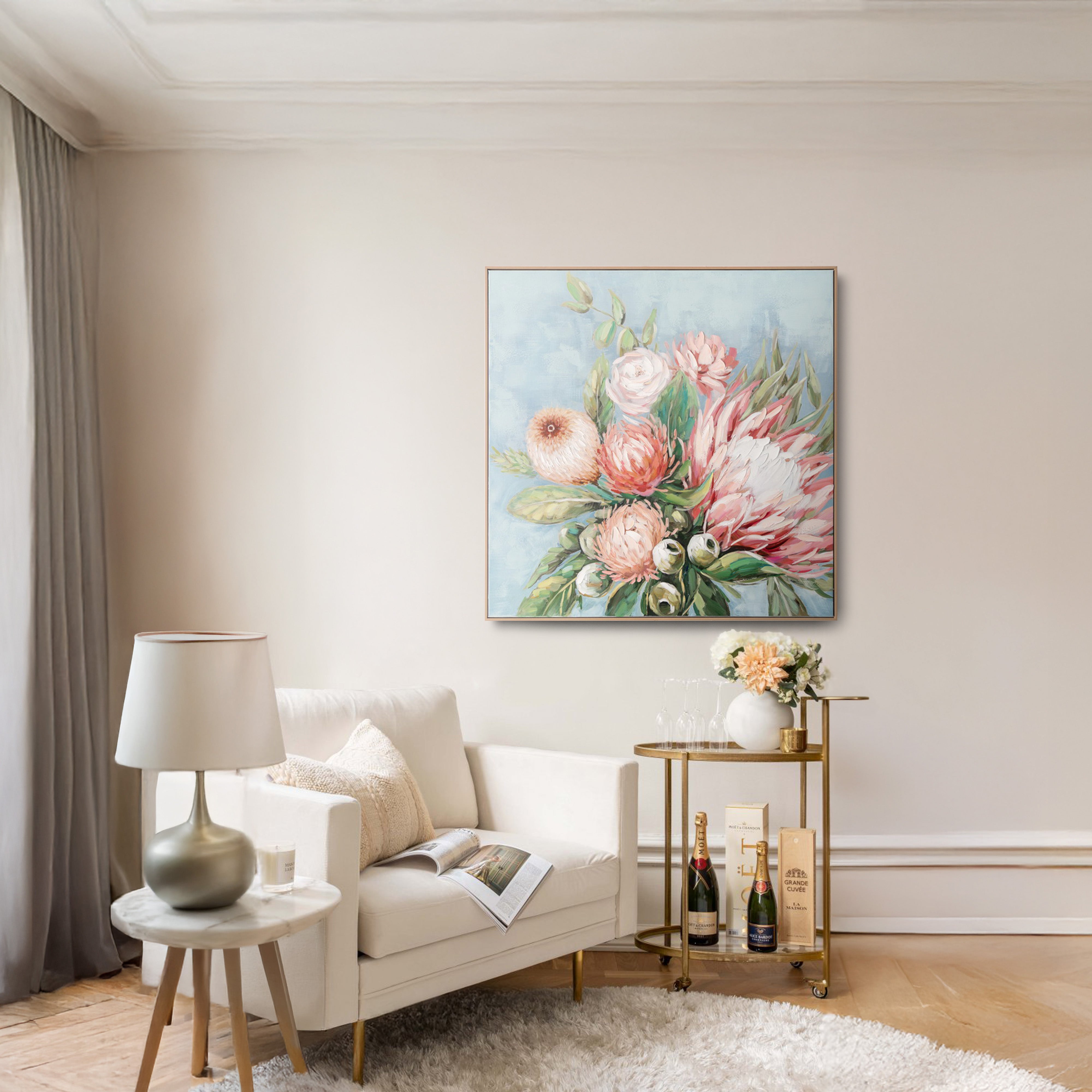Urban Style Brushmarks Embellished Canvas Protea Blue Wall Art - Perfect for Living Room, Bedroom & Office Decor