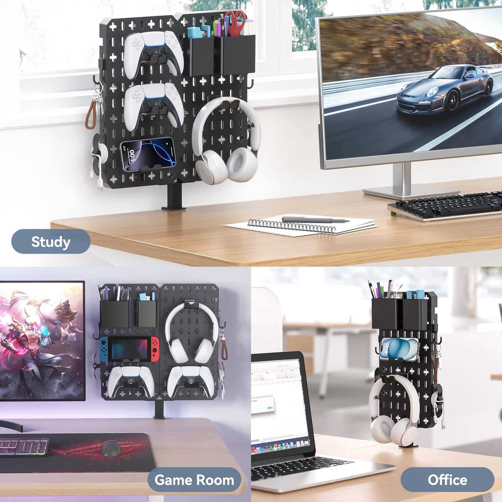 KDD 7-in-1 Clamp-On Desk Pegboard Organizer - No Drill Required, Includes Phone Stand, Pen Holder, Storage Box, Headset & Controller Holder, Hooks | Detachable Gaming & Office Accessories for Home & Workspace Organization | Perfect for Small Spaces, Gaming Setups & Home Office Desks