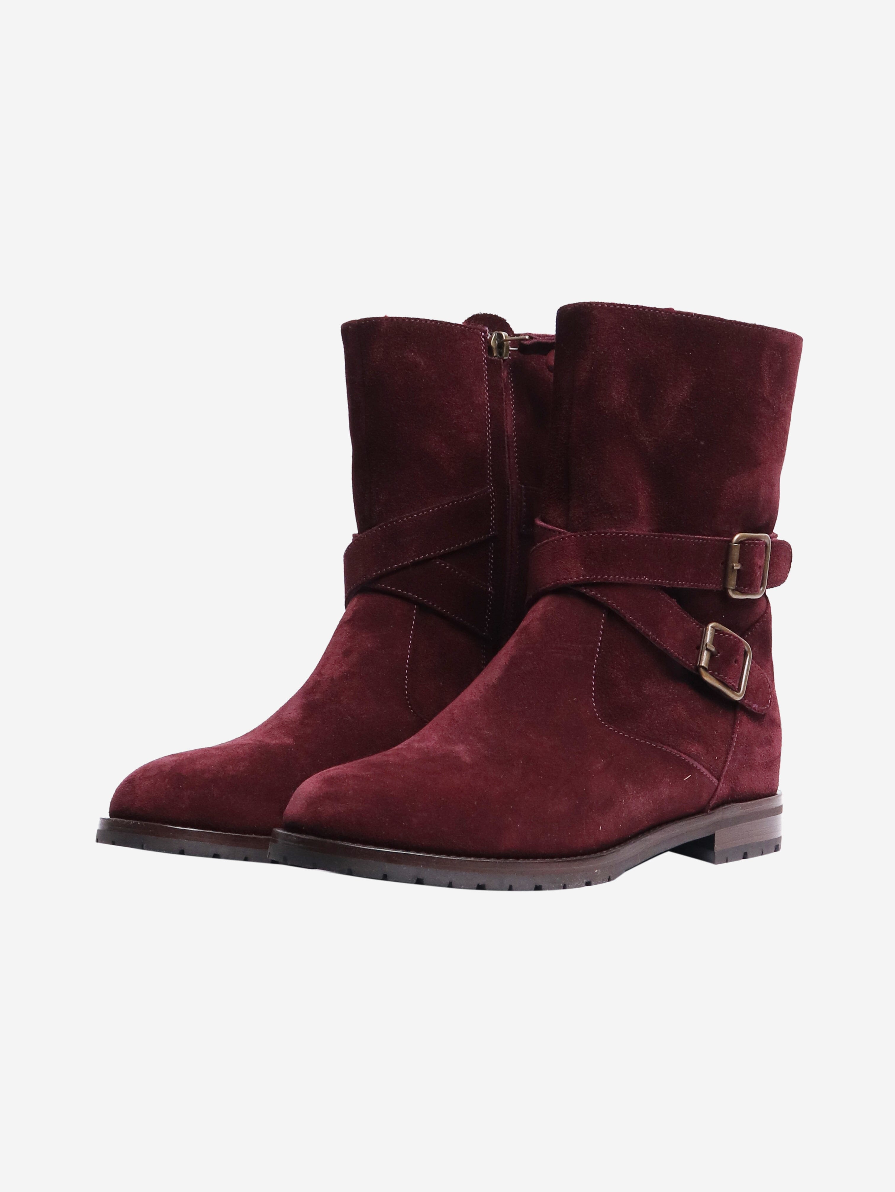Burgundy Buckled Suede Ankle Boots Women's Size EU 38 (US 7.5) - Stylish & Comfortable for Fall, Winter & Casual Outfits