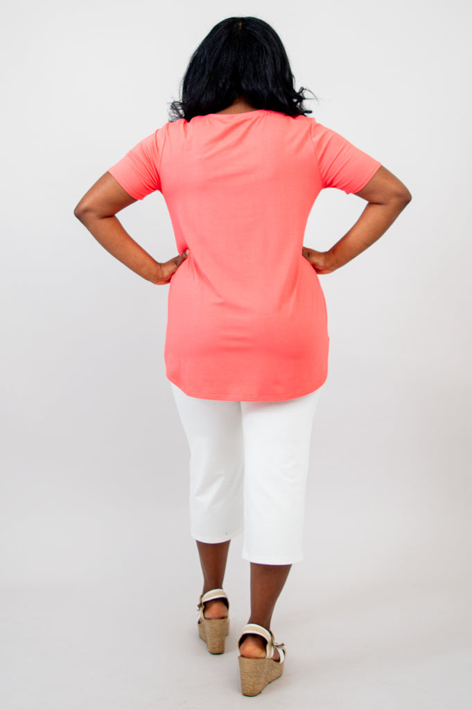 Jackie Women's Short Sleeve Summer Top - Coral Bamboo V-Neck Blouse for Casual Wear & Beach Outings