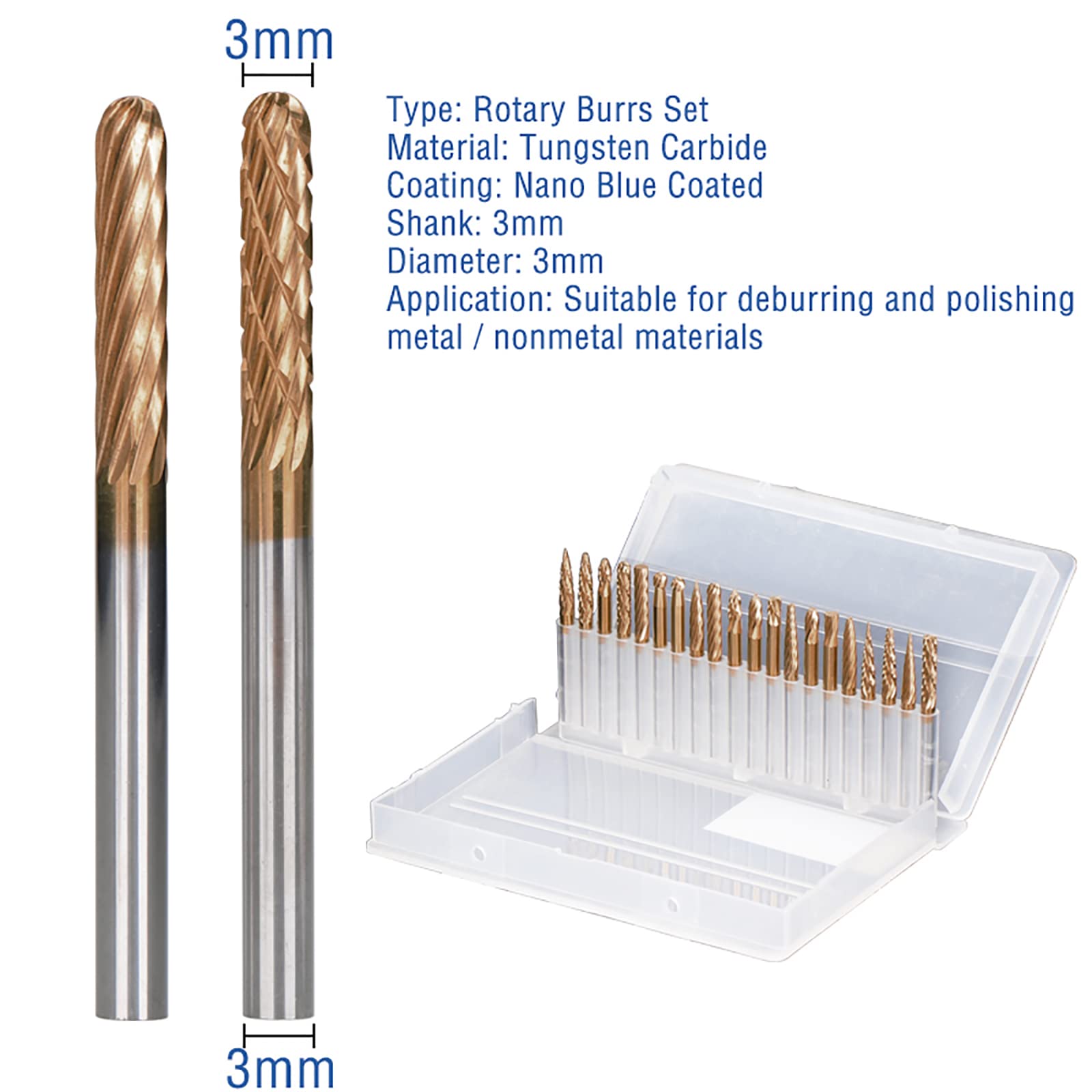 20pcs TiCN Coated Carbide Rotary Burr Set - 3mm Shank Double Cut Tungsten Carbide Die Grinder Bits for Metal Carving, Wood Engraving, Polishing & Drilling - Perfect for DIY Projects, Jewelry Making & Automotive Repair