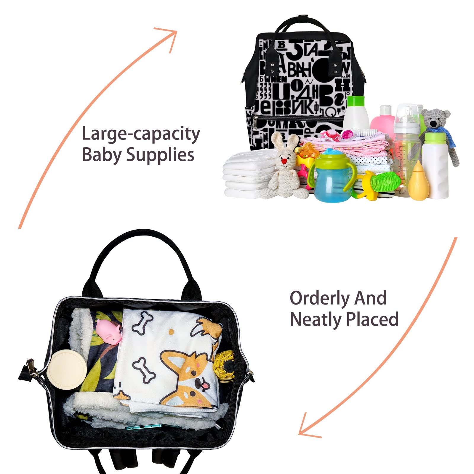 **Stylish Waterproof Diaper Backpack for Moms - Large Capacity Baby Nappy Bag with Decorative Letters, Black & White - Perfect for Nursing, Travel & Daily Use**