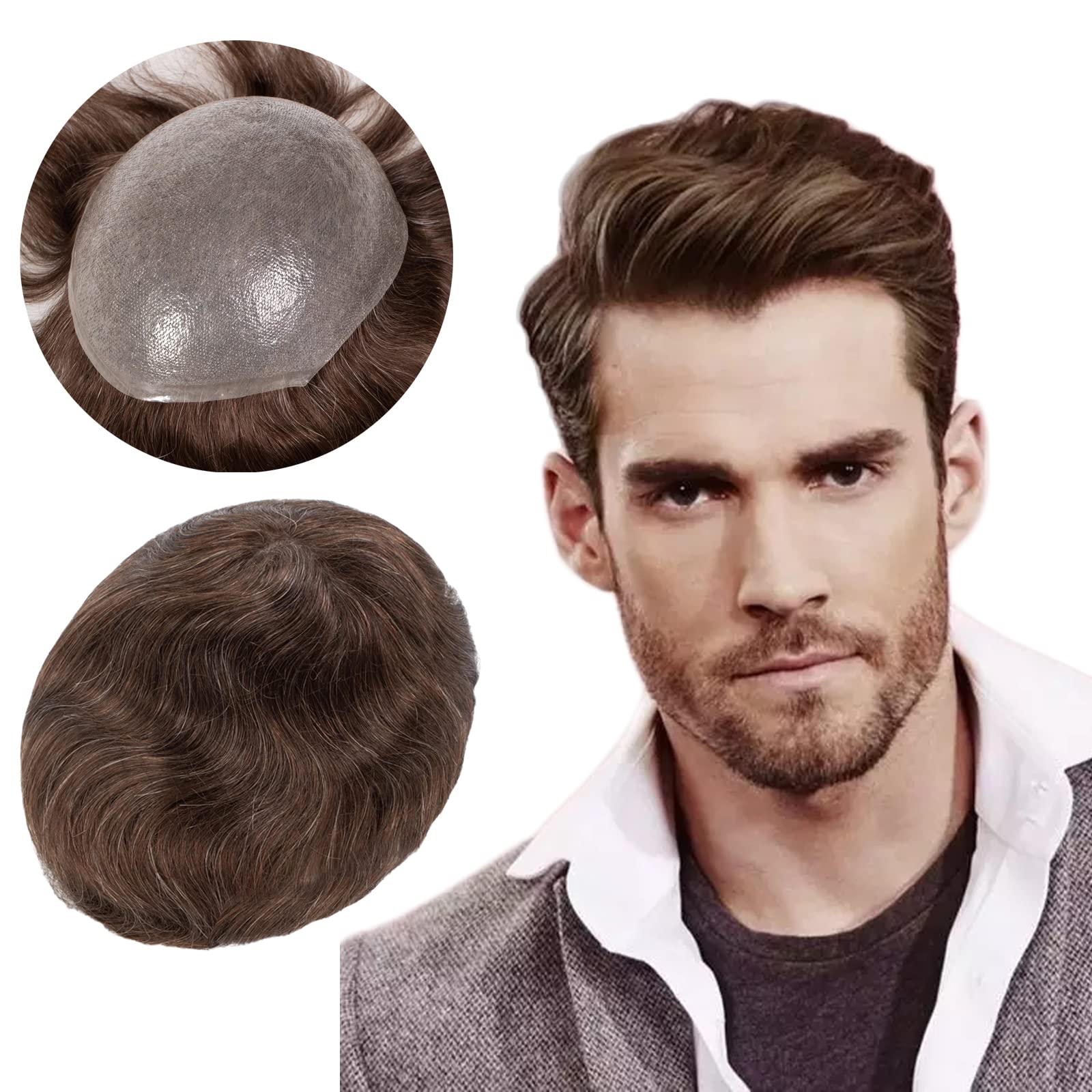 Premium 8x10 Inch Men's Toupee - 100% Human Hair with Super Soft Thin Skin & V-Loop Knot - Natural Brown with 10% Gray (#310) - Comfortable Hair System for Daily Wear, Special Occasions & Confidence Boost