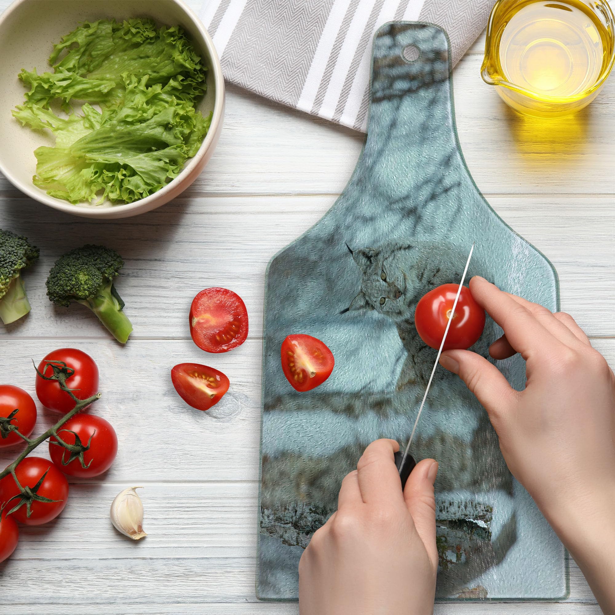 Ambesonne Lynx Glass Cutting Board - Nordic Wildlife Design, Tempered Glass Serving Board for Kitchen, Wine Bottle Shape - Perfect for Charcuterie, Cheese & Wine Pairing, Holiday Gifts & Home Decor